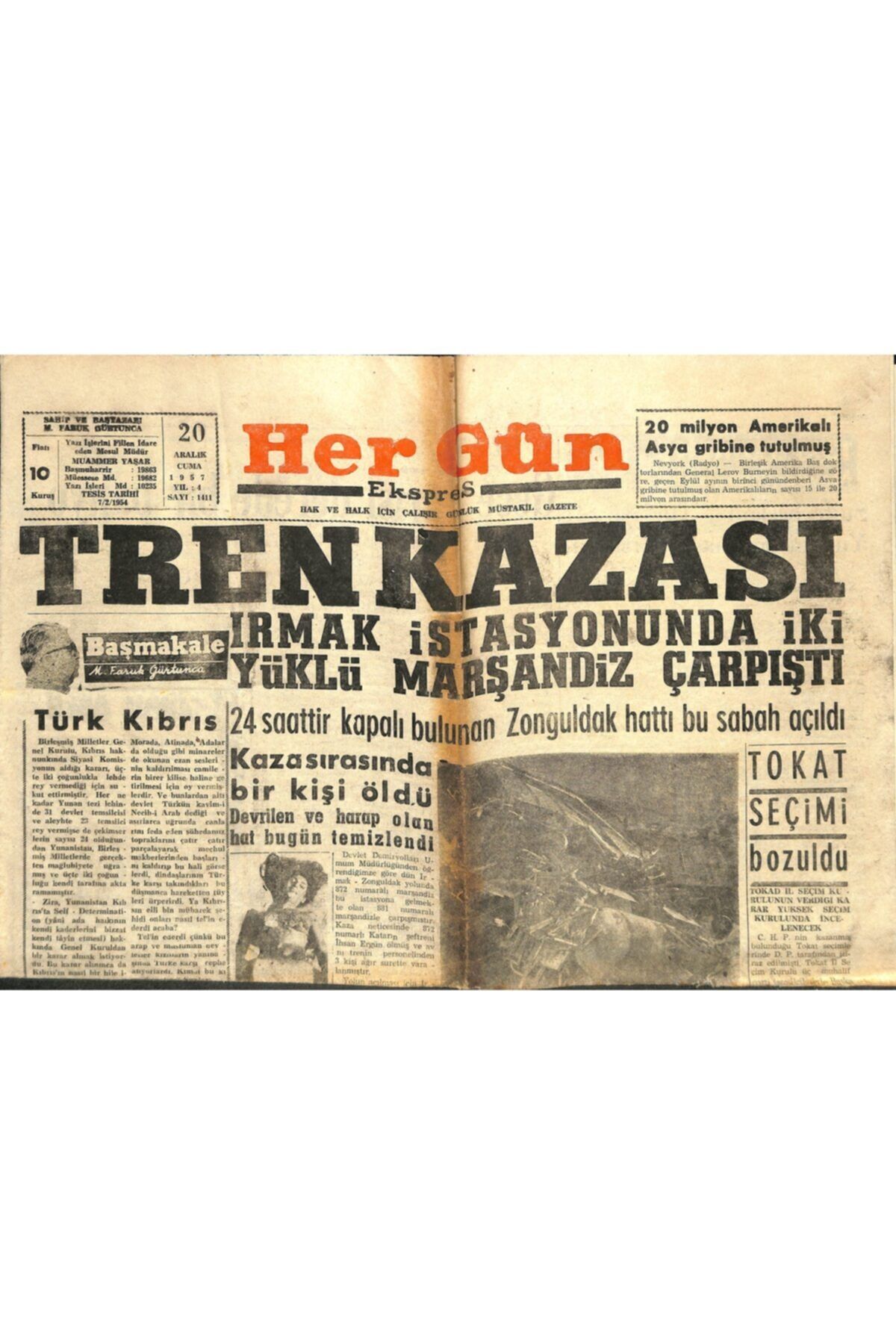 Gökçe Koleksiyon Hergün Gazetesi 20 Aralık 1957 - Irmak Istasyonunda Iki Yüklü Marşandiz Çarpıştı