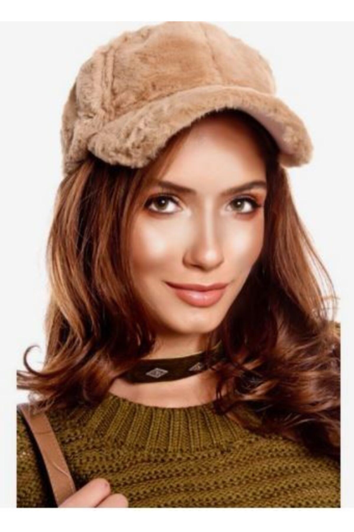 GÜZEŞTE Kadın Kahve Soft Peluş Naturel Tarz Kürklü Kasket Bere Cool Beyzbol Şapka