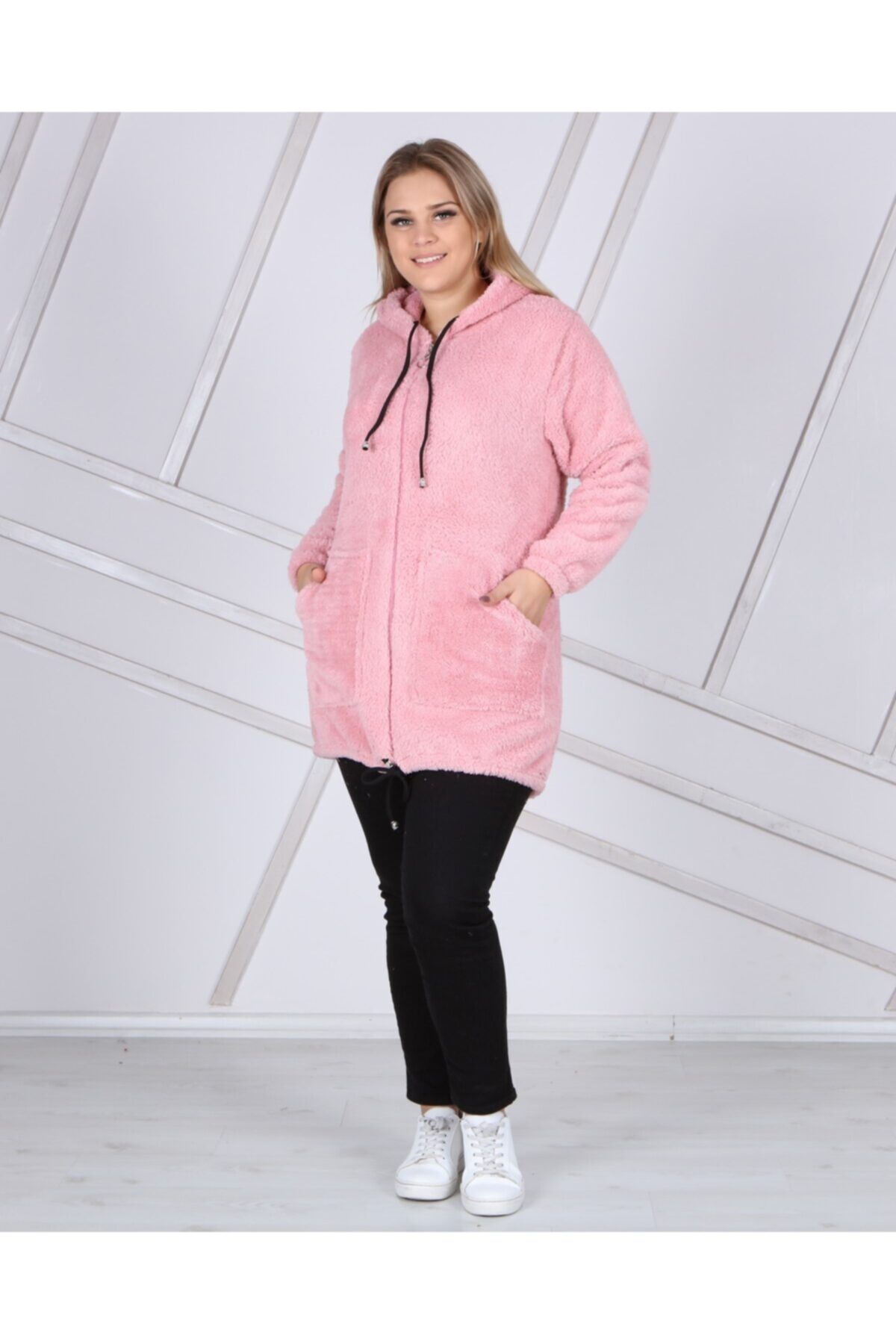 Big Love Cepli, Fermuarlı Ve Kapşonlu Büyük Beden Wellsoft Peluş Polar Hırka Pembe