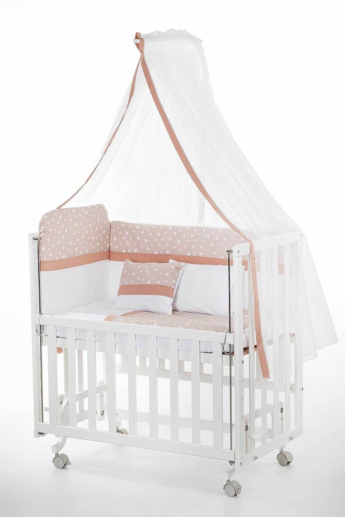 Babycom Anne Yanı 50x90 Beyaz Tekerlekli Beşik  Kahve Yıldızlı Uyku Seti