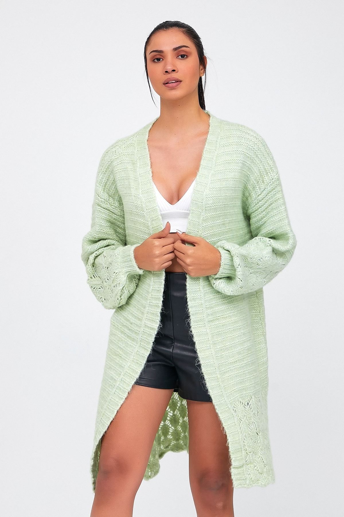 Cool Style Kadın Mint Yeşil Oversize Balon Kol Triko Hırka