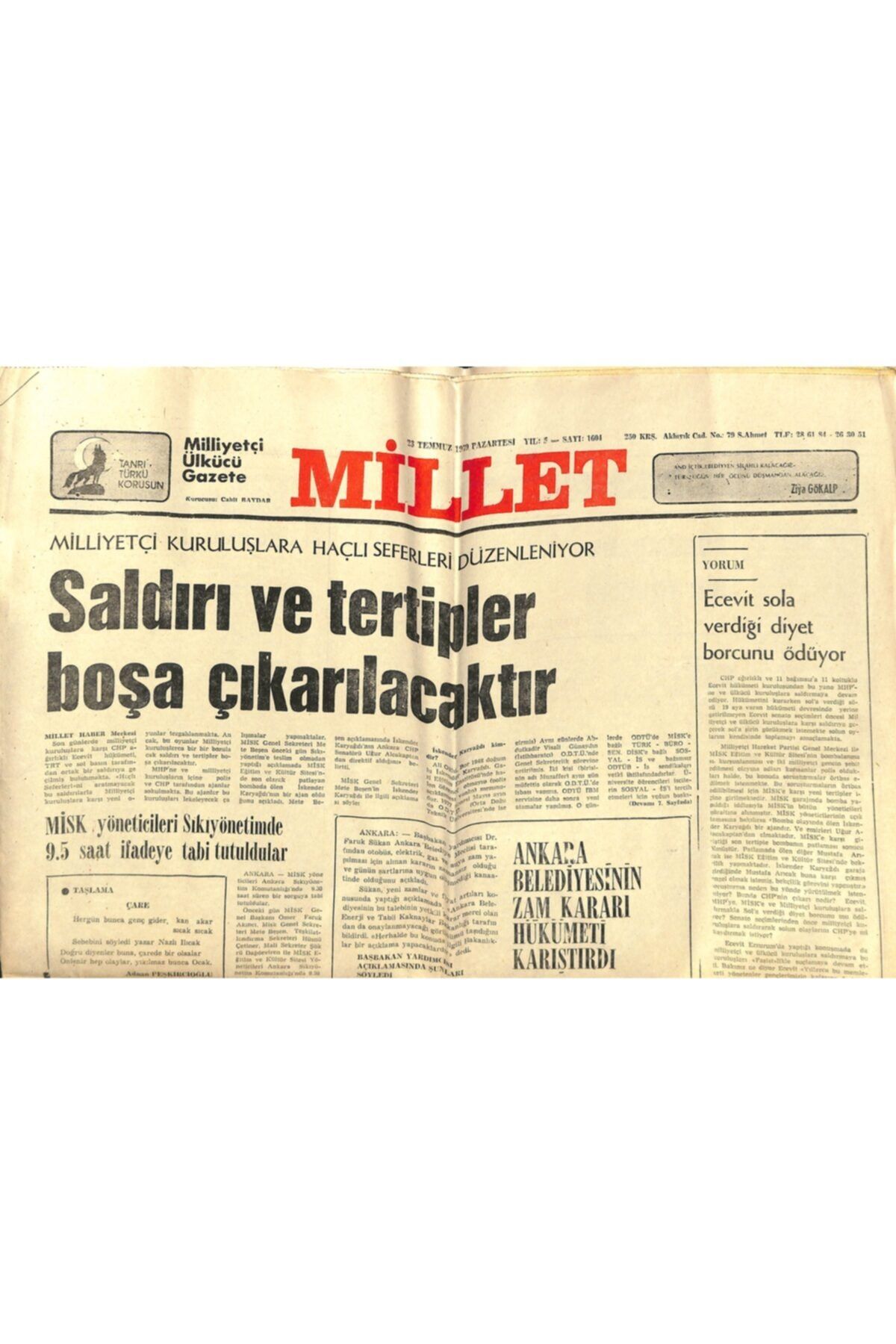 Gökçe Koleksiyon Millet Gazetesi 23 Temmuz 1979 - ''cıa''sovyetlerin Ekonomik Bunalıma Gireceğini Ileri Sürdü