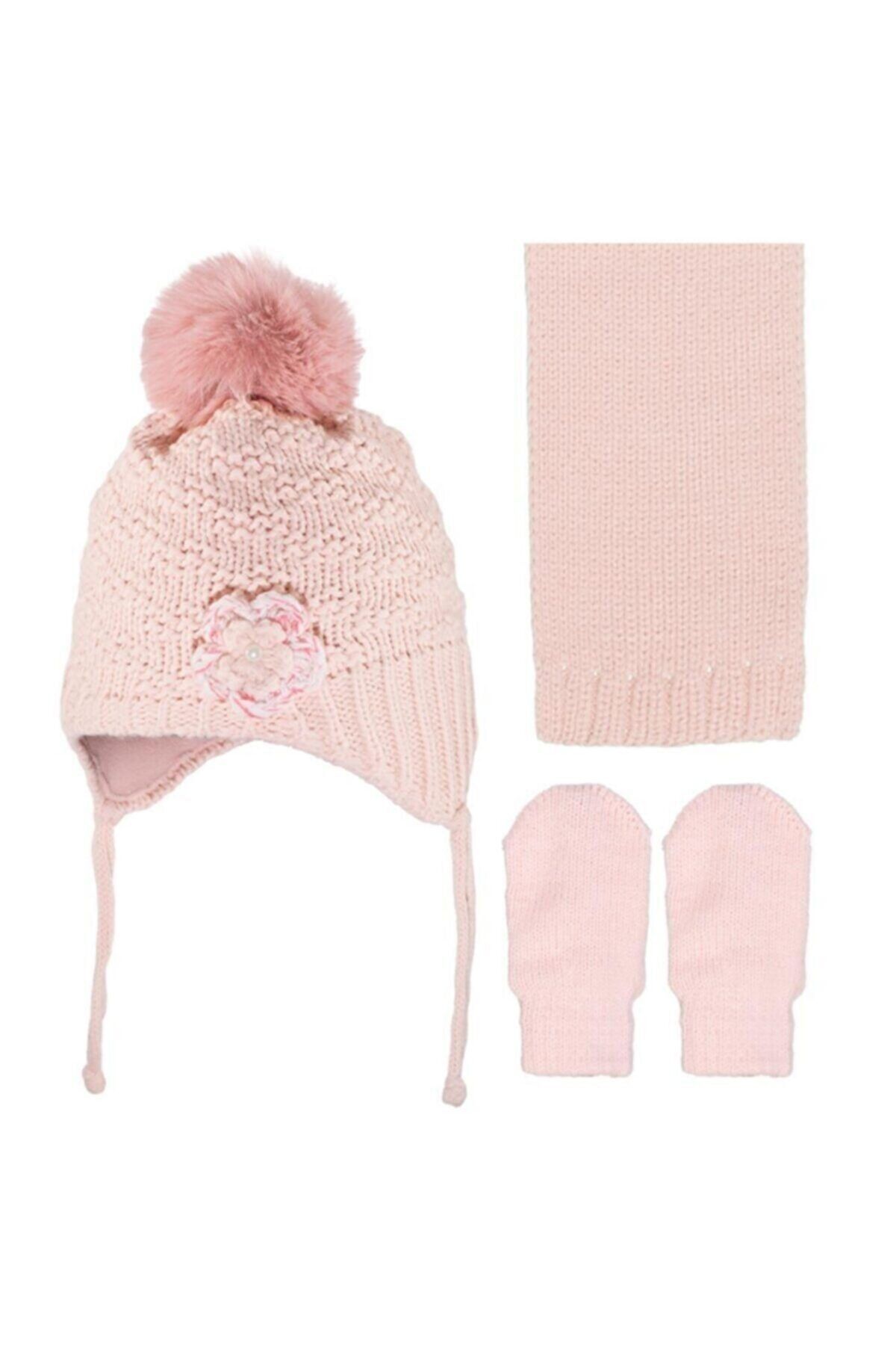 Kitti Kız Bebek Anti-pilling Polarlı Gülpembe Atkı Bere Eldiven 3'lü Takım 0-18 Ay K2900-01