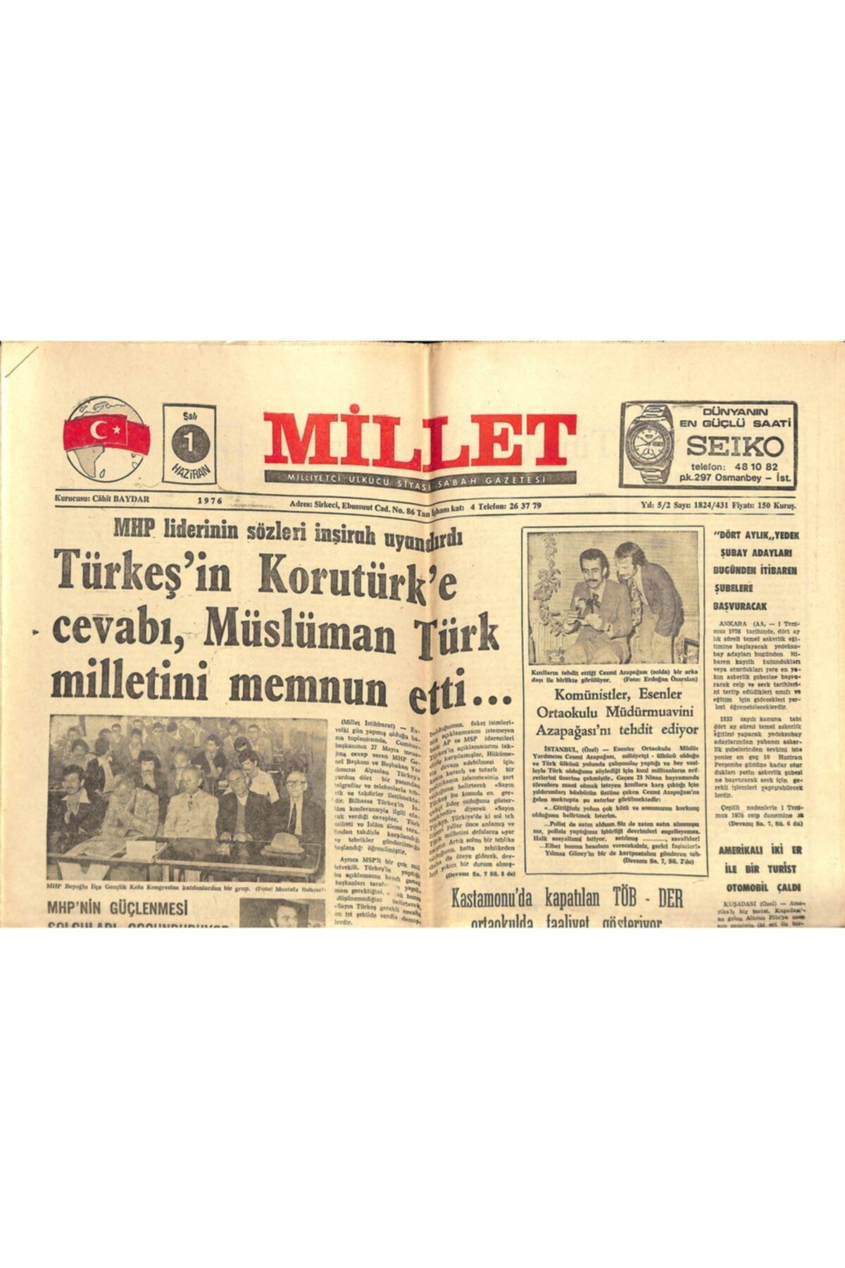 Gökçe Koleksiyon Millet Gazetesi 1 Haziran 1976 - Beyrut'ta Pazar Günü 270 Kişi Çarpışmada Öldü