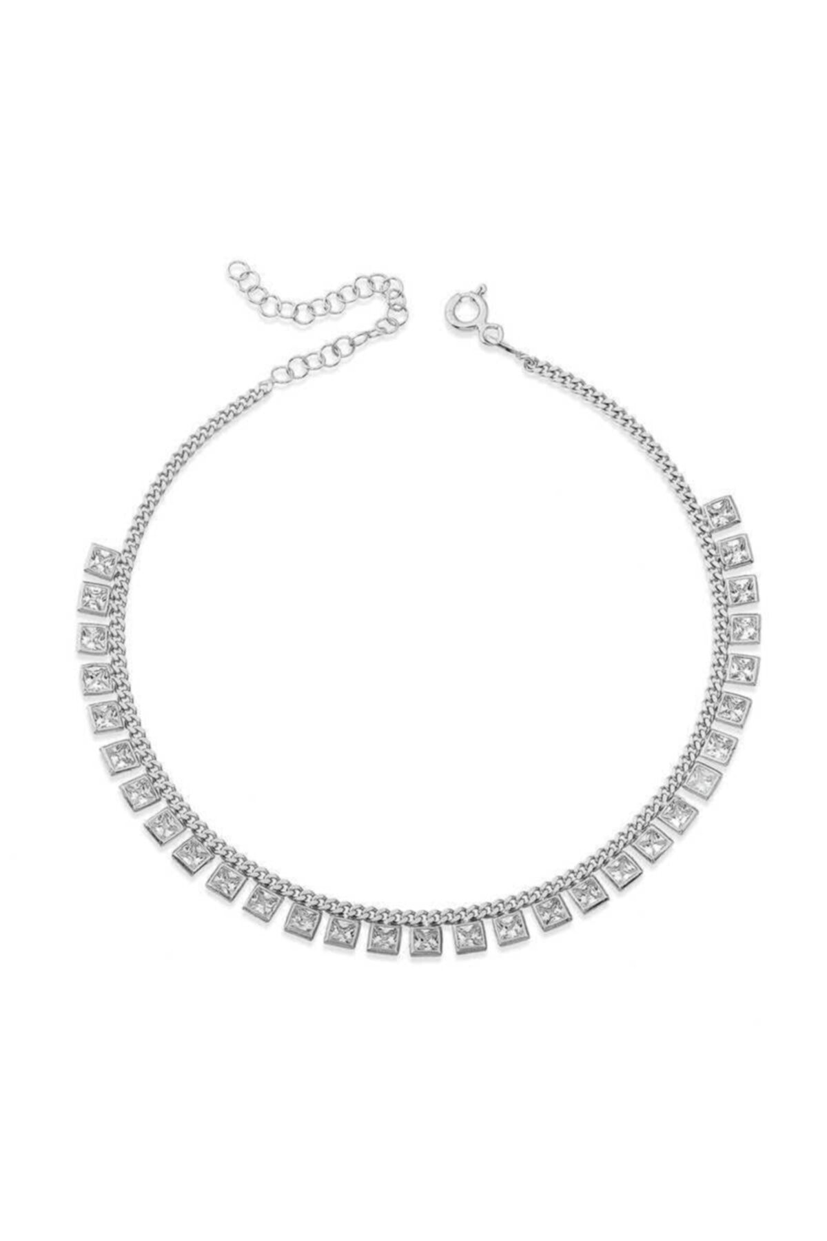 Lotis Silver Gümüş Gurmet Zincirli Kare Zirkon Taşlı Rodyum Halhal