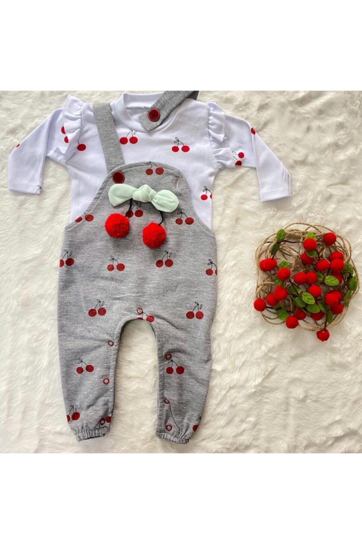 Portakal Bebek Kiraz Desenli 2'li Kız Bebek Salopet