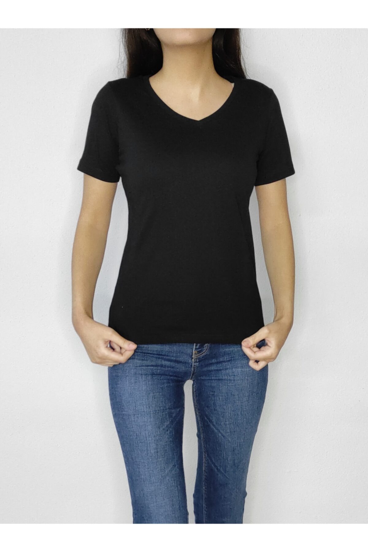 Bomenti Life Kadın Siyah Basic V-yaka Pamuk Kısa Kol T-shirt