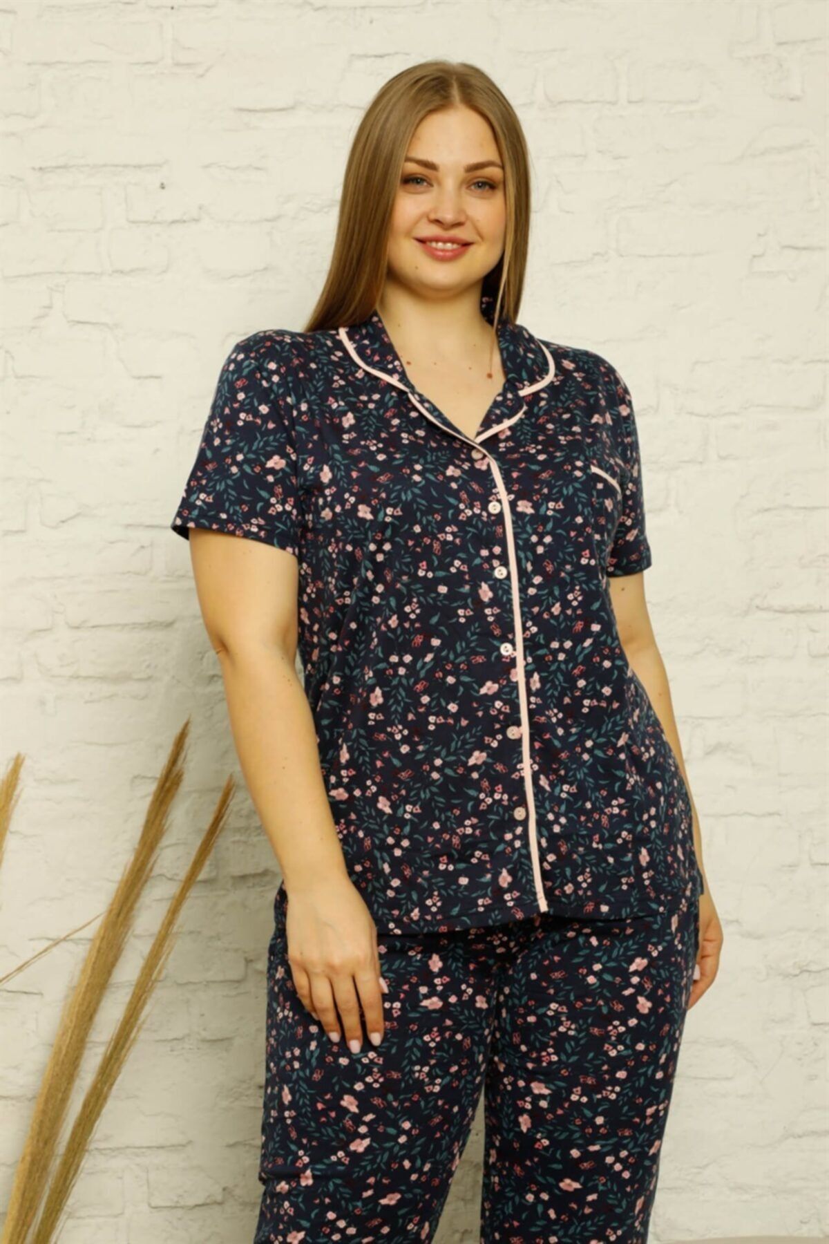 mellie Kadın Lacivert %100 Pamuklu Cepli Kısa Kol Büyük Beden Pijama Takımı