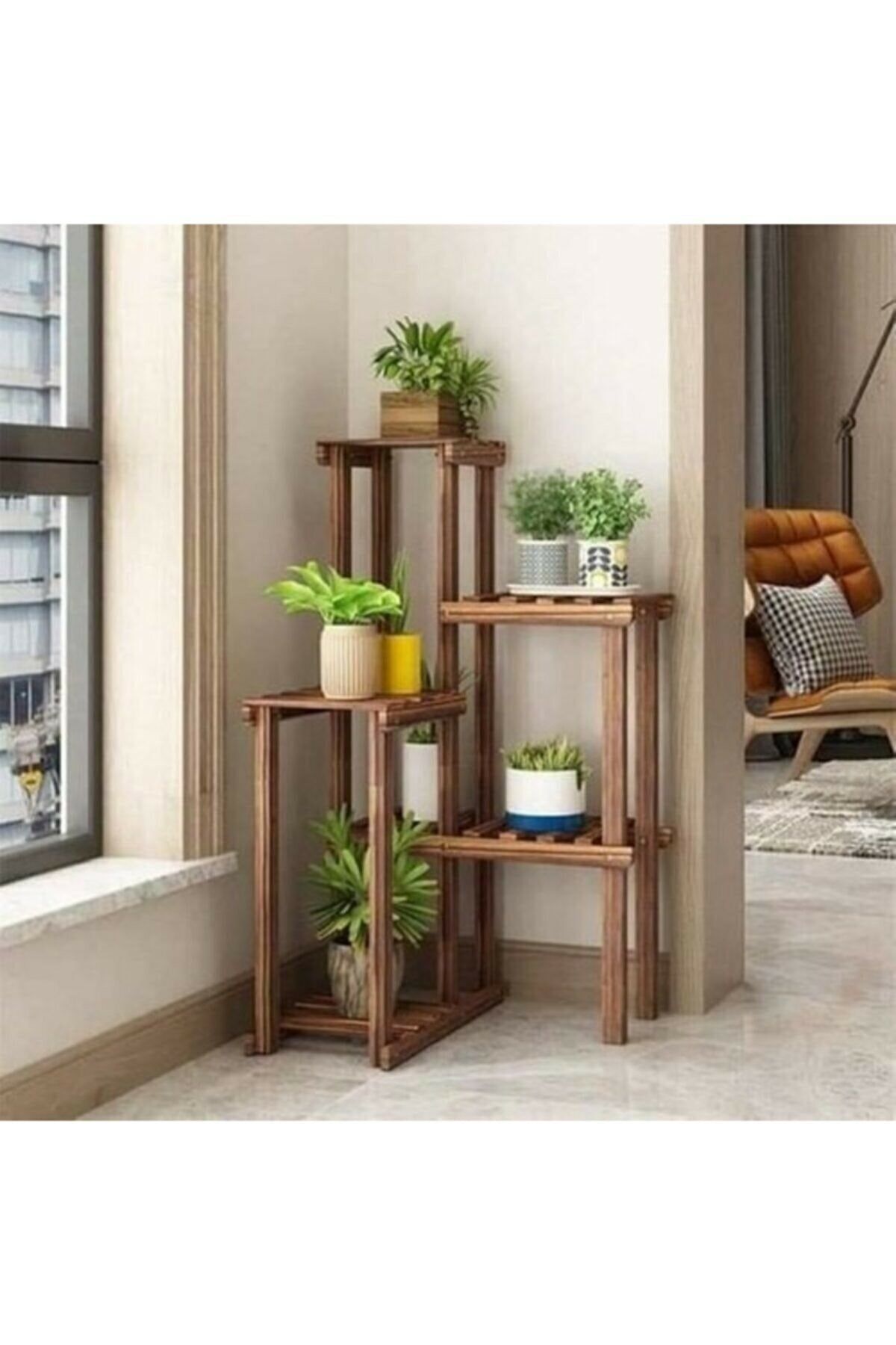 SAYEART Ahşap Ceviz Çok Amaçlı Çiçeklik Ahşap Köşe Standı Model7