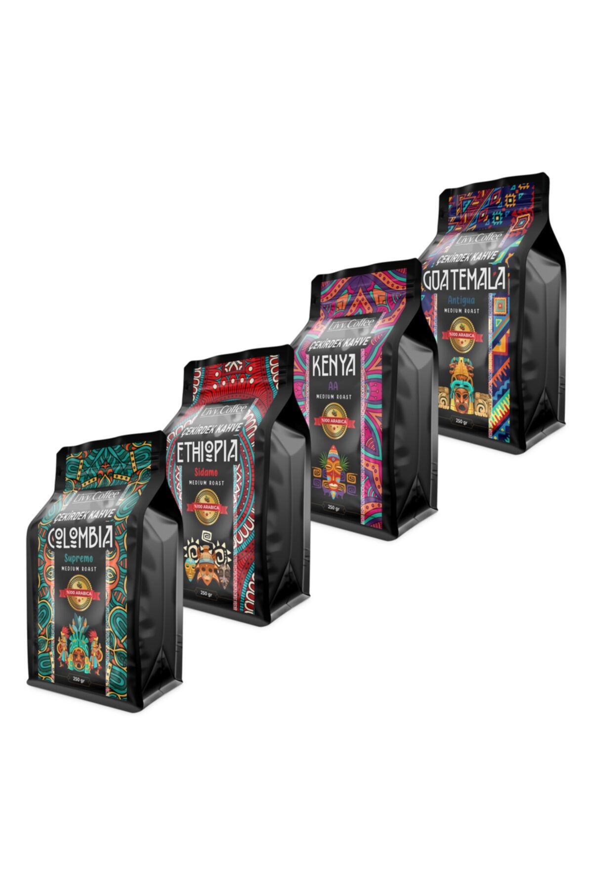 Livy Coffee Dünya Yöresel Filtre Kahve Colombia - Kenya - Ethiopia - Guatemala Çekirdek Kahve 4 X250 Gr