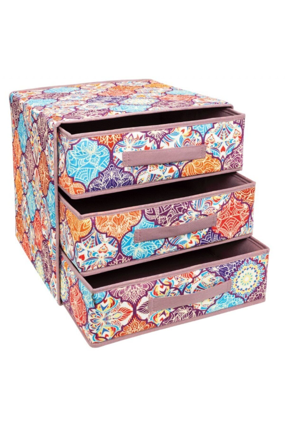 sinerjistore 32x32x32cm Çiçek Desenli 3 Çekmeceli Komodin Düzenleyici Dekoratif Çok Amaçlı Saklama Kutusu