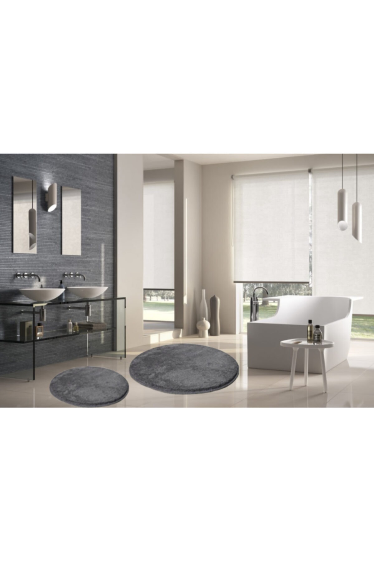 Sarar 2 Li Yuvarlak Post Peluş Banyo Paspası Takımı Büyük Boy Jel Taban Klozet Antrasit 100x100 60x60