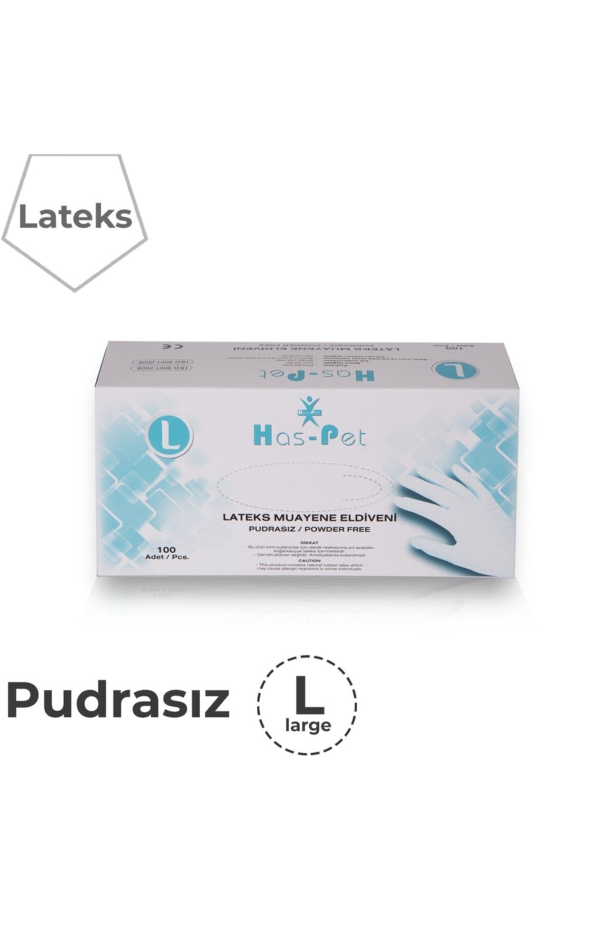 HasPet Lateks Pudrasız Muayene Eldiveni (100'lü 1 Adet Large)