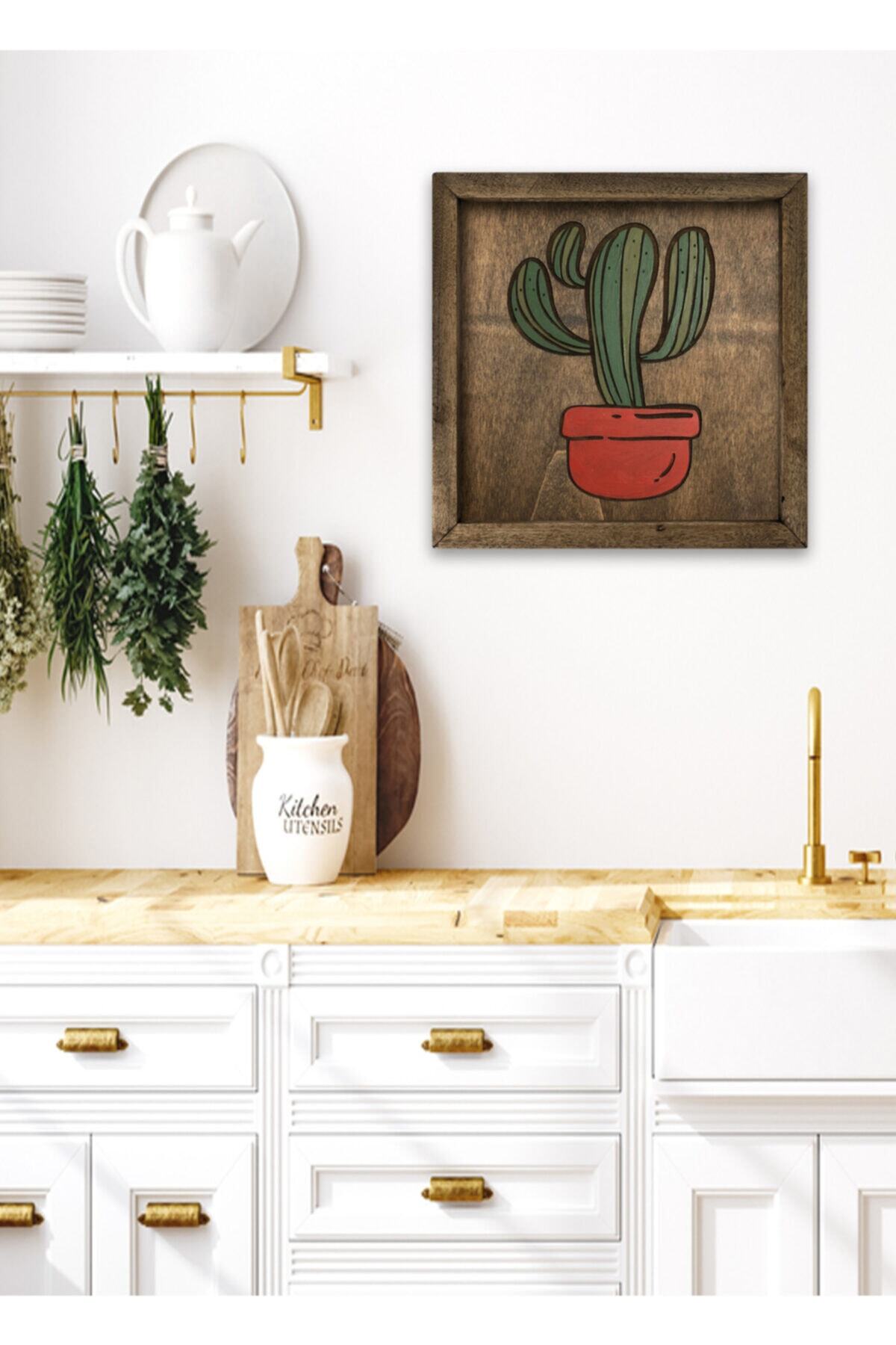 Sticker Sepetim Çizgisel Kaktüs I Ahşap Tablo- Cactus I Wooden Wall Art Deco
