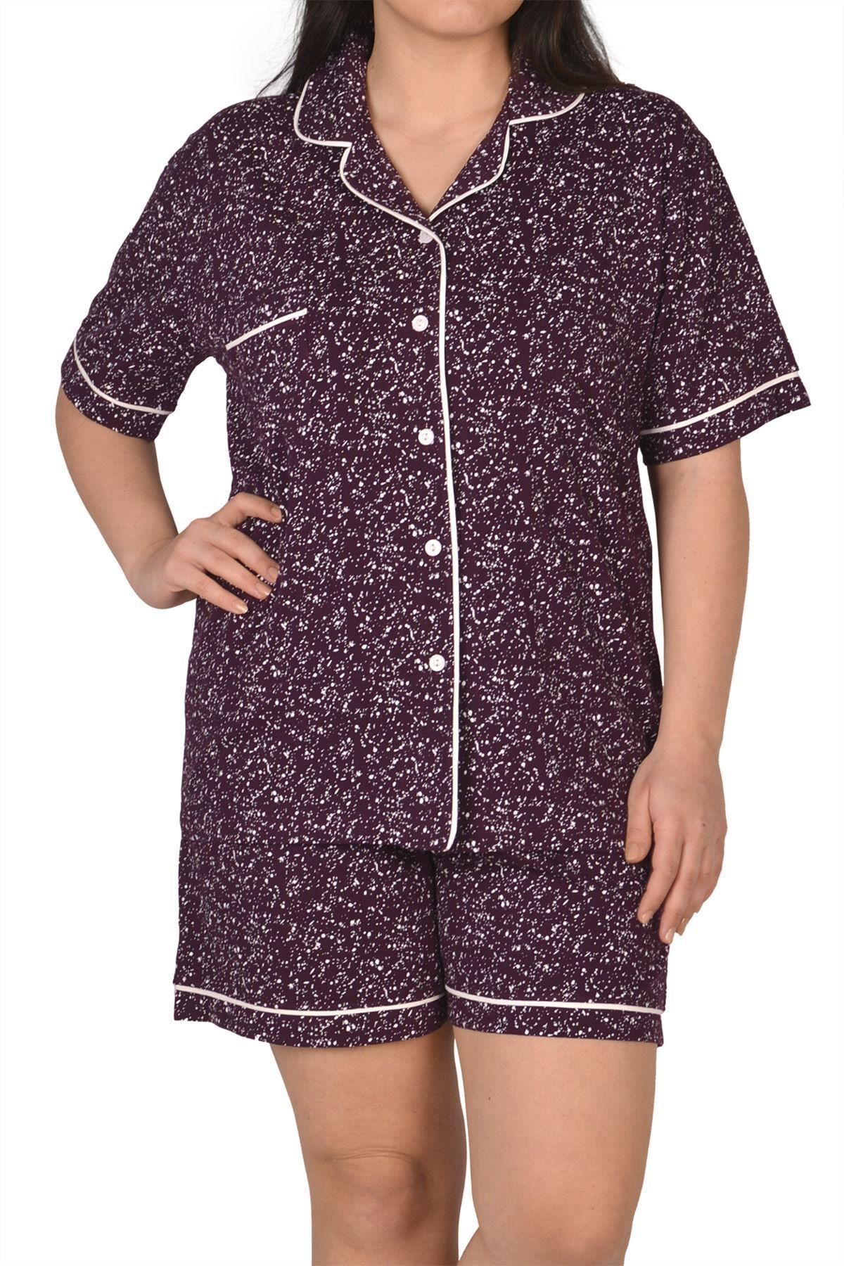 Nicoletta Mürdüm Kadın Şortlu Pijama Takımı Düğmeli Kısa Kollu Büyük Beden Cepli Likralı