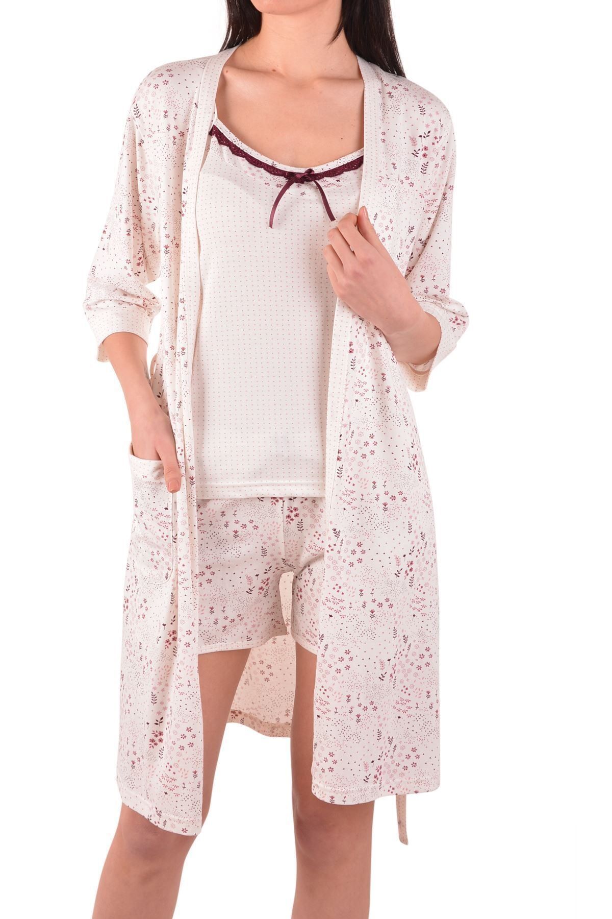 Nicoletta Ekru Kadın Şortlu Pijama Takım Sabahlık Likralı