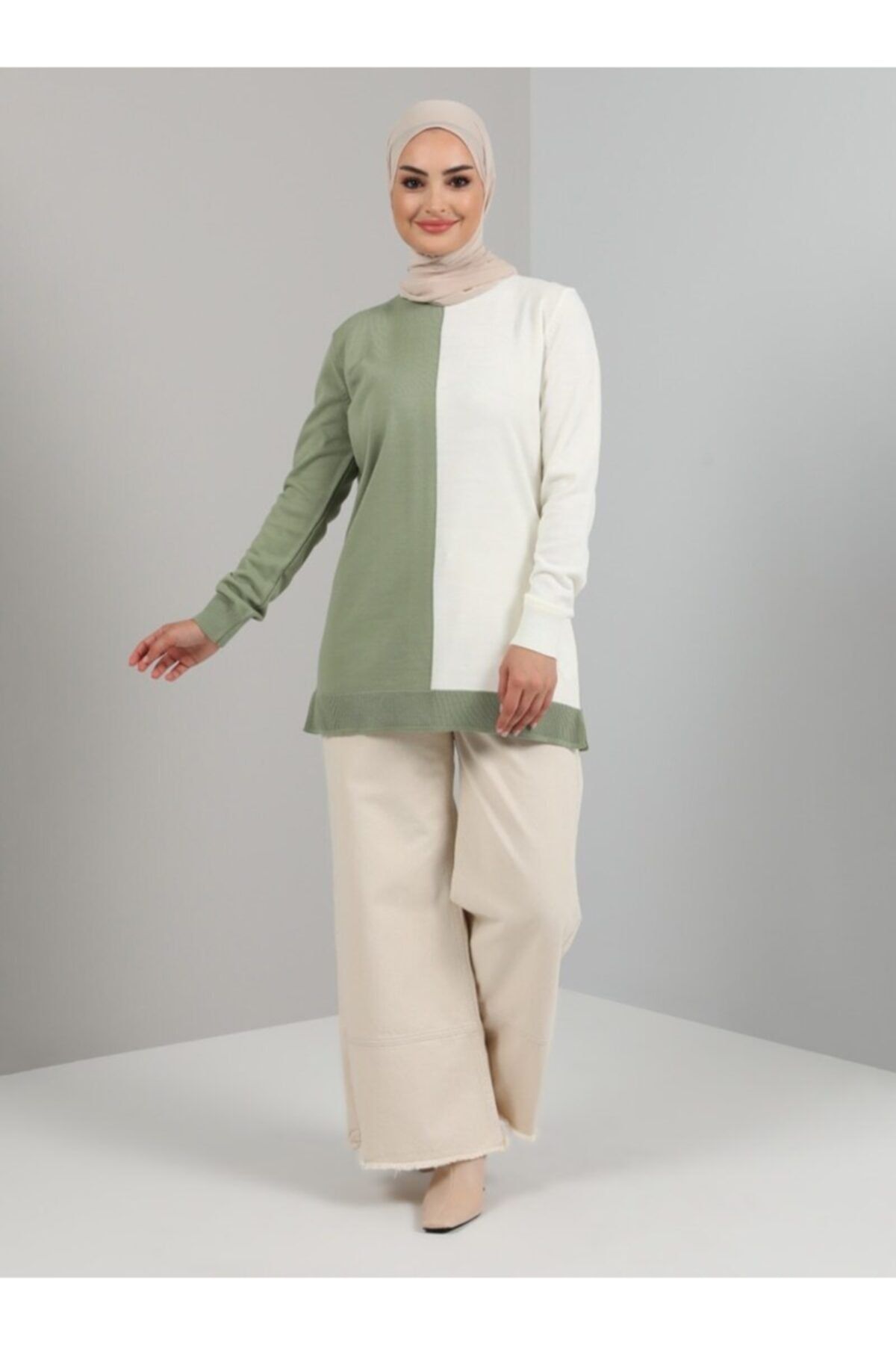 Tavin Color Blok Bisiklet Yaka Triko Tunik