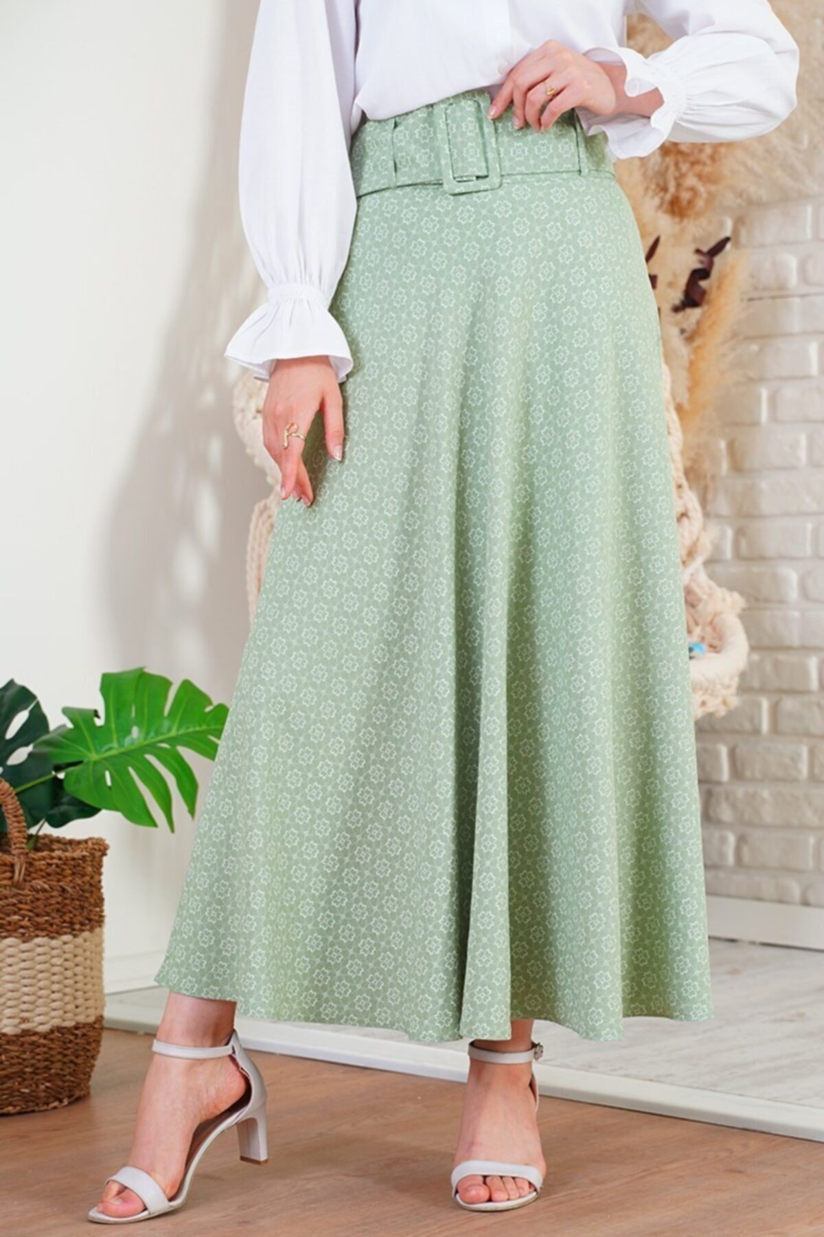 Afilva Kadın Çiçek Serisi Çağla Yeşili Kloş Etek