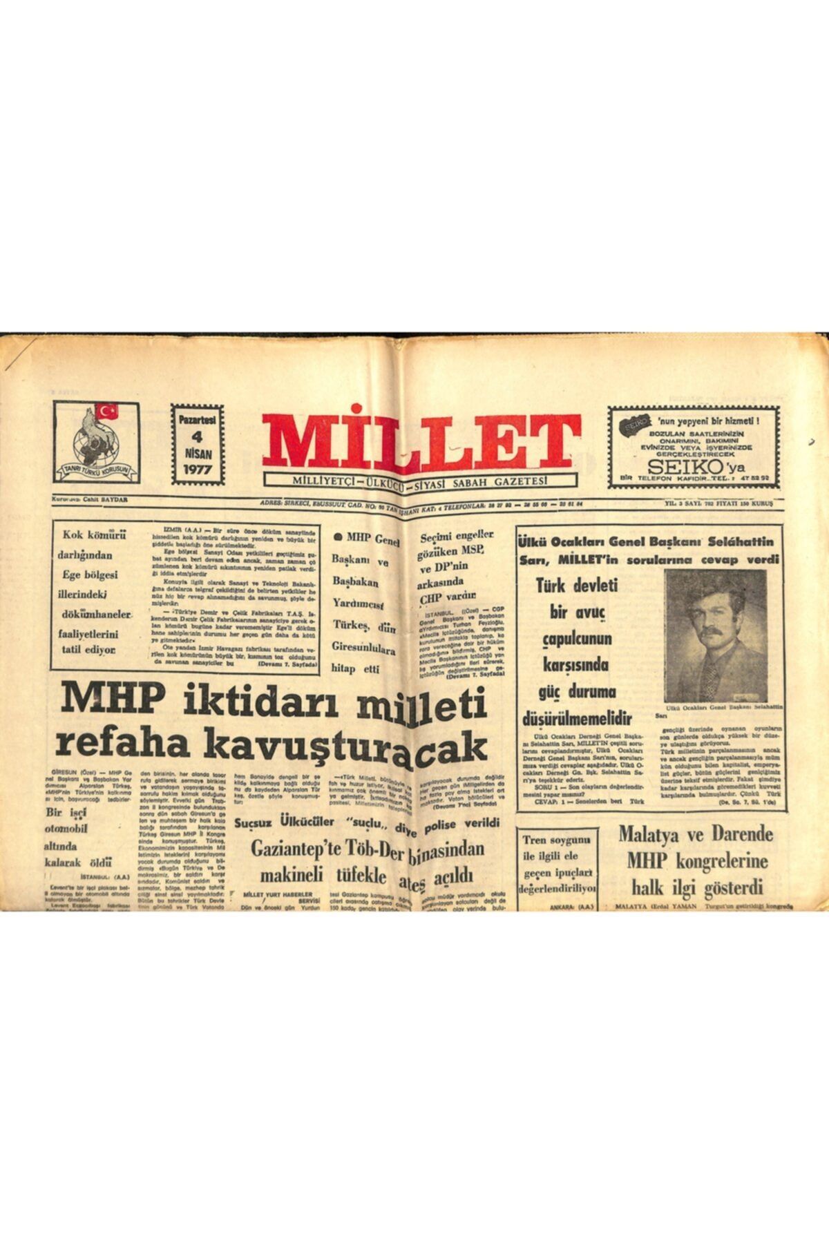 Gökçe Koleksiyon Millet Gazetesi 4 Nisan 1977 - Kıbrıs Türk Devletinin Telefon Konuşmaları Dinleniyor