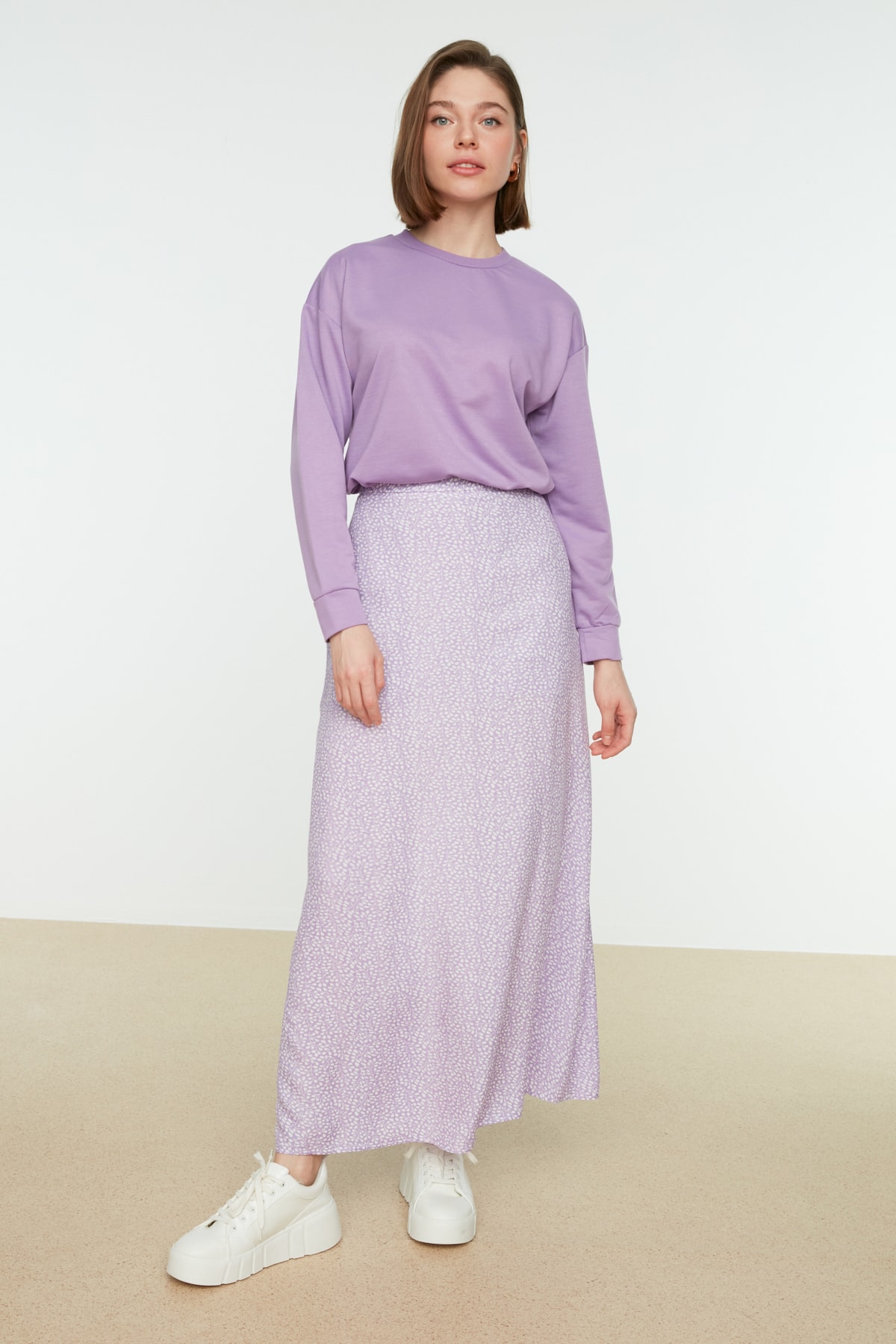 Trendyol Modest Lila Desenli Kloş Etek TCTSS21ET0497
