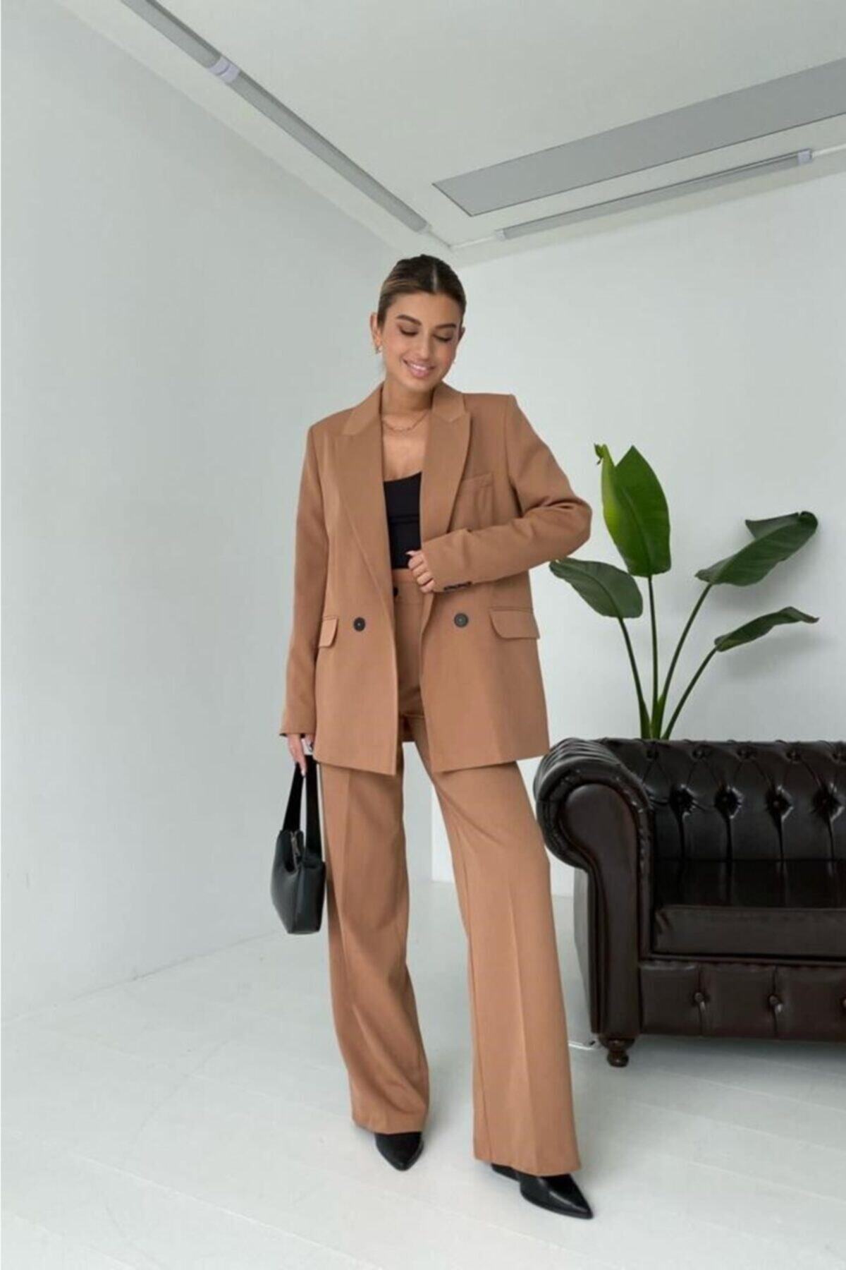 Eka Kadın Vizon Oversize Blazer Ceket Pantolon Takım 0993-2222