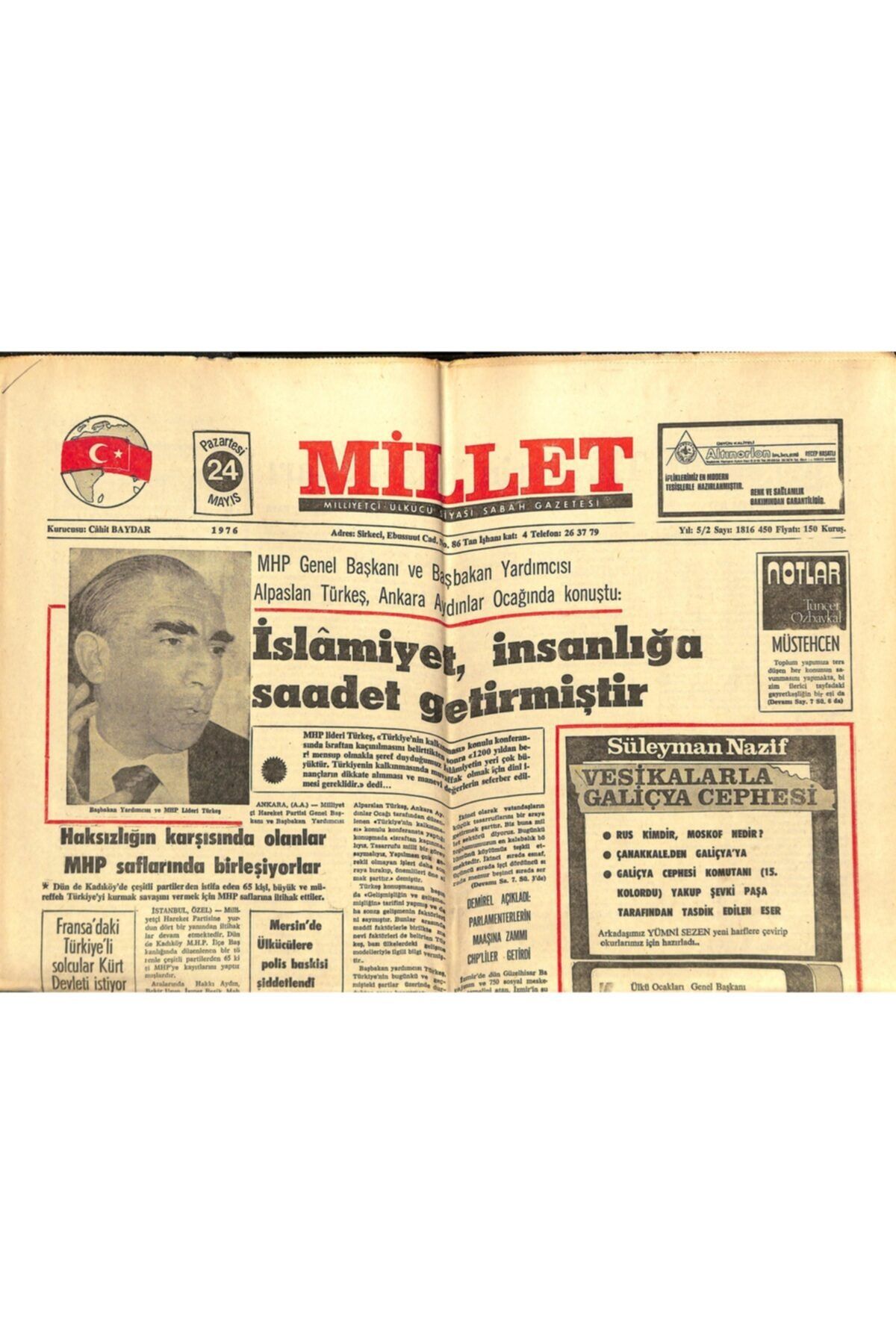 Gökçe Koleksiyon Millet Gazetesi 24 Mayıs 1976 - Alpaslan Türkeş , Ankara Aydınlar Ocağında Konuştu