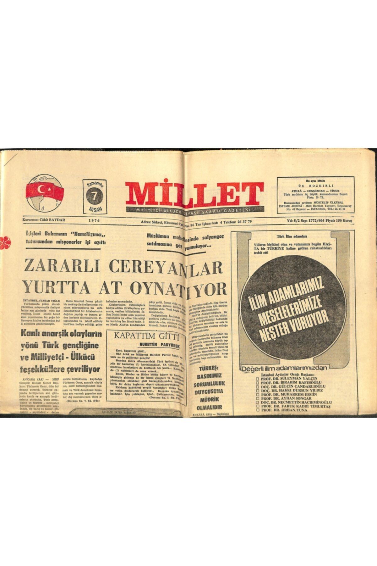 Gökçe Koleksiyon Millet Gazetesi 7 Nisan 1976 - Ecevit'in Müfteriliği Bir Kere Daha Resmen Teyit Edildi