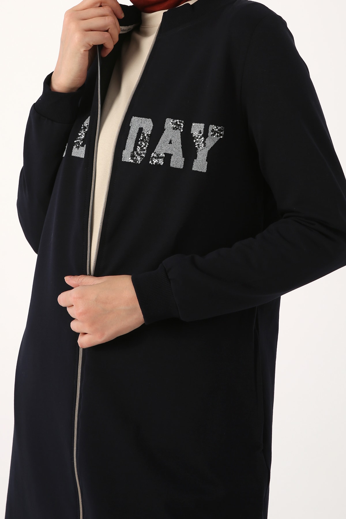 ALLDAY Koyu Lacivert Taş Baskılı Uzun Hırka