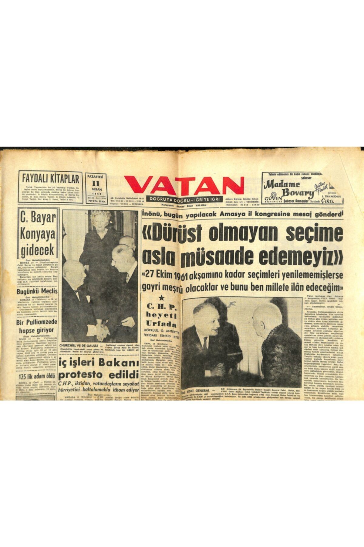 Gökçe Koleksiyon Vatan Gazetesi 11 Nisan 1960 Chp Şehrimizde 2 Yeni Ocak Açarak 10 Ayrı Kongre Yaptı