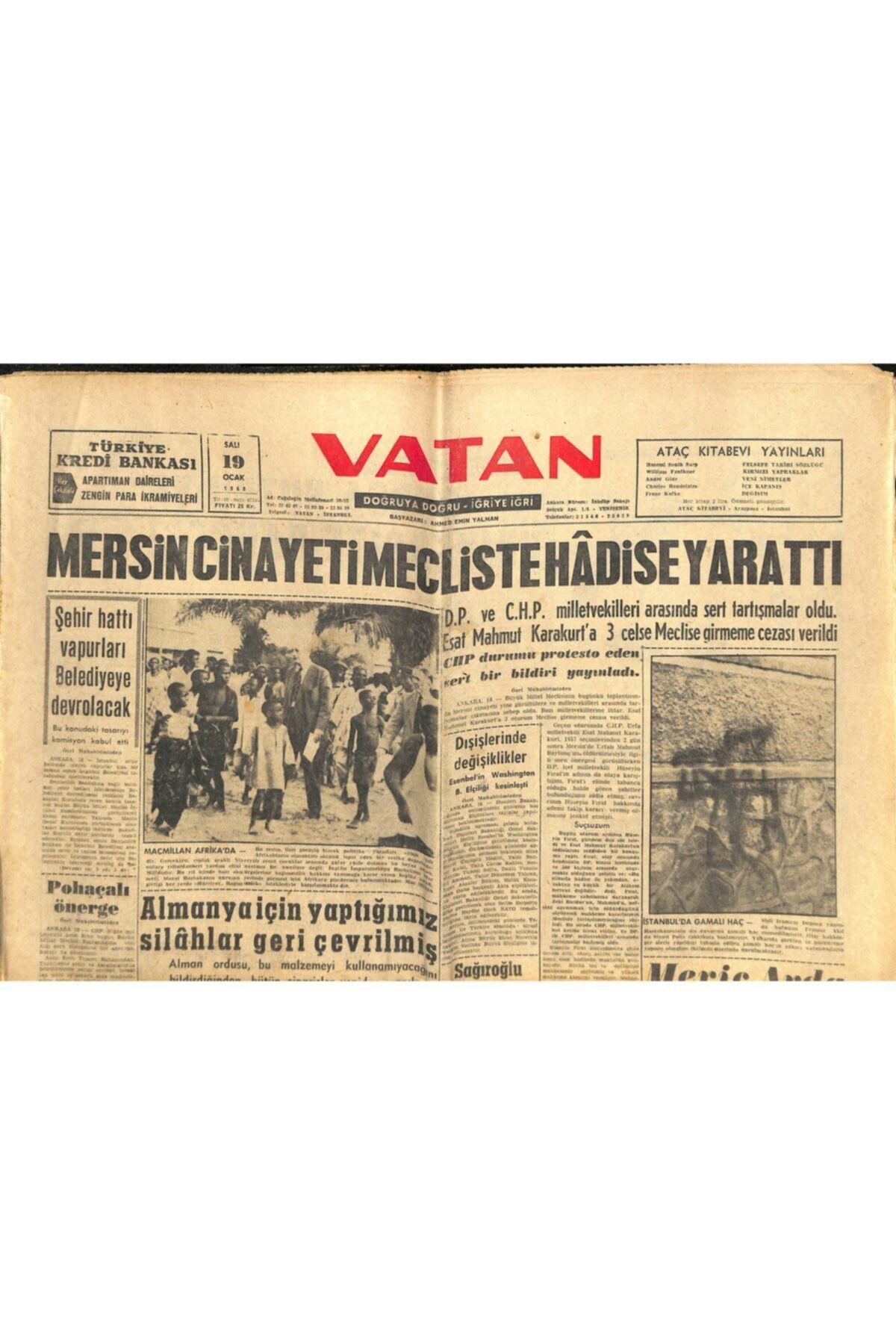 Gökçe Koleksiyon Vatan Gazetesi 19 Ocak 1960 - Kıbrıs'ın Bağımsızlığı Ilanı Bir Ay Geri Bırakıldı