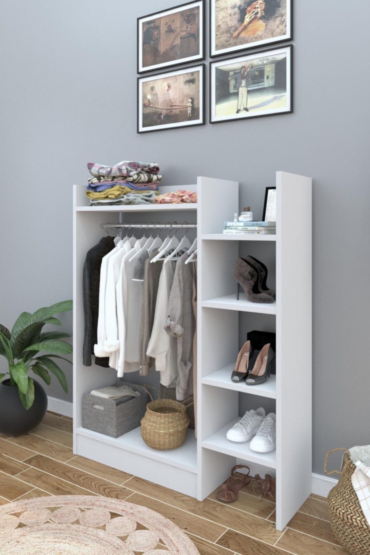 Bayz Design Pratik Raflı Elbise Dolabı Askılık Gardırop – Beyaz