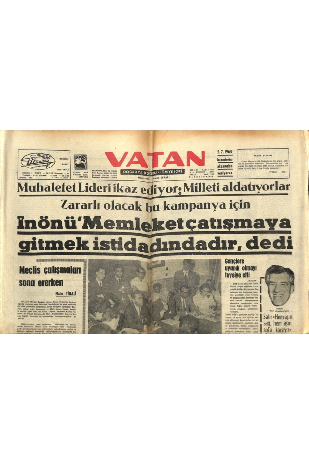Gökçe Koleksiyon Vatan Gazetesi 5 Temmuz 1965 - Buca Cezaevinde Beş Saat Süren Arbede Oldu
