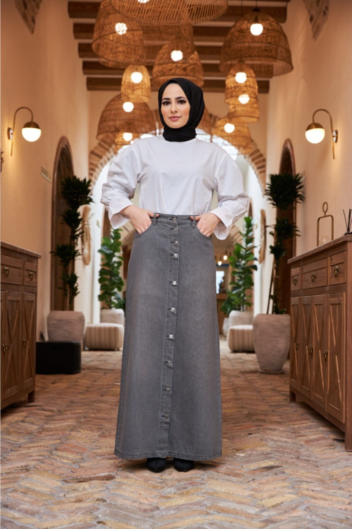 Neways Düğmeli Kot Etek Koyu Gri 2079