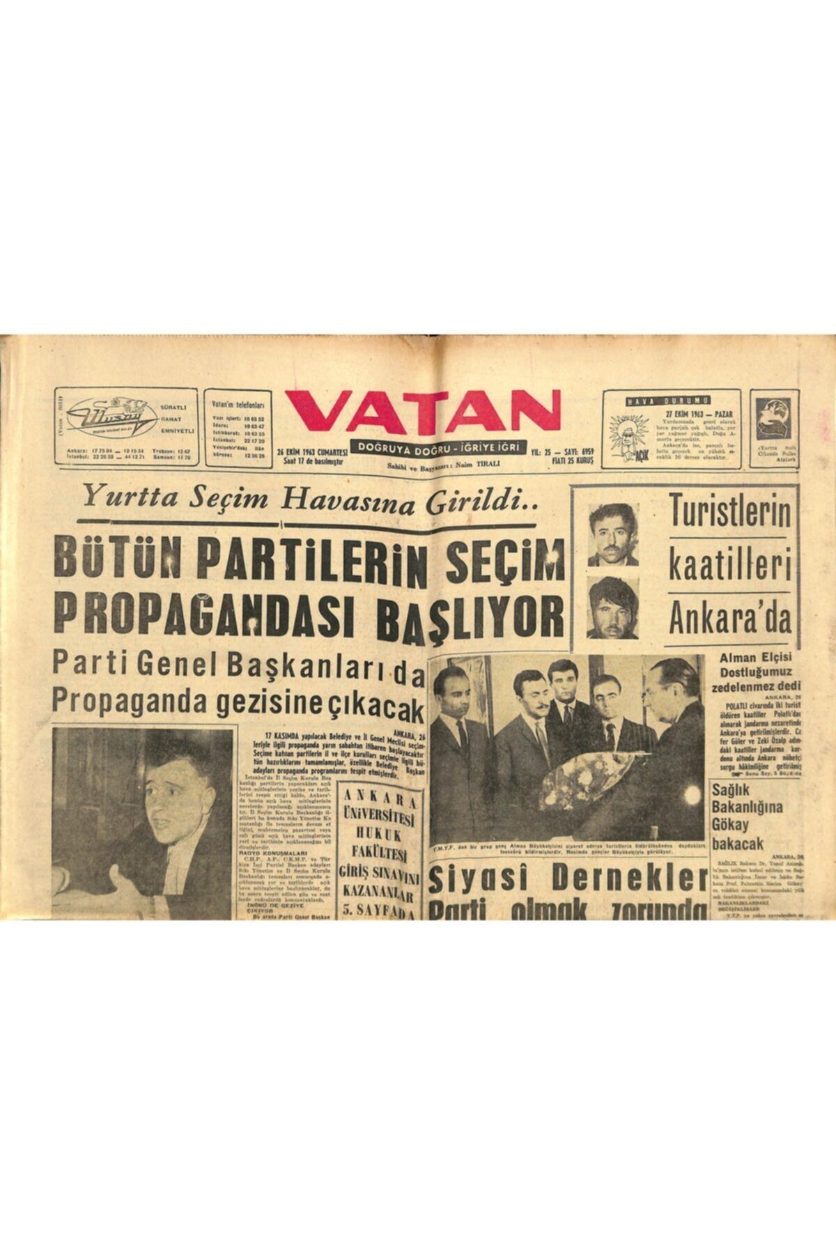 Gökçe Koleksiyon Vatan Gazetesi 26 Ekim 1963 - Izmirde 1 Kasım Cehaletle Savaş Günü Ilan Edildi