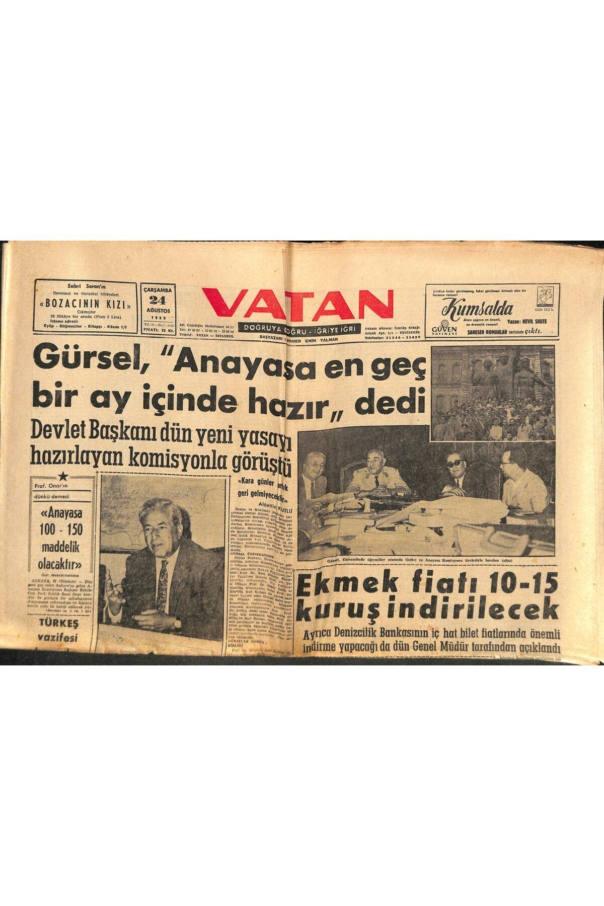 Gökçe Koleksiyon Vatan Gazetesi 24 Ağustos 1960 - Yusuf Ziya Ortaç'ın Menderese Yazdığı Mektuplar Açıklandı