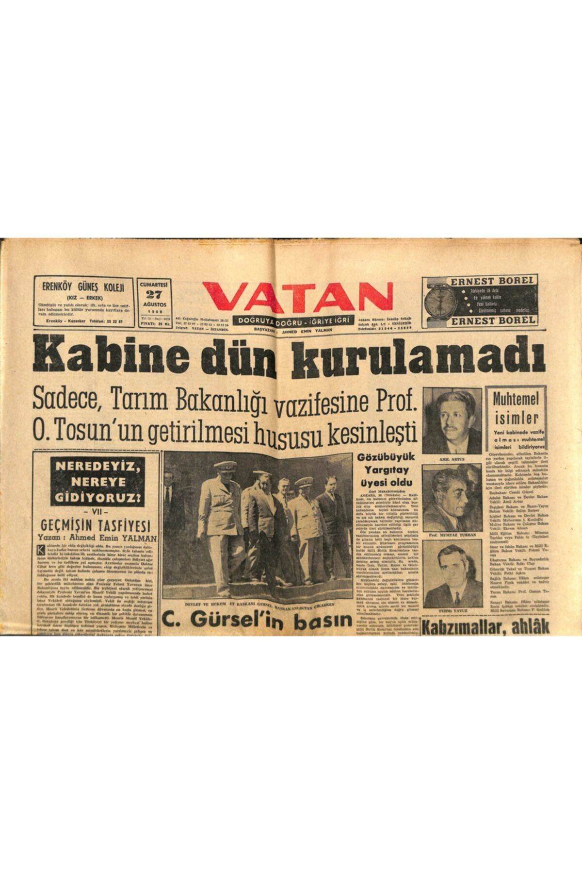 Gökçe Koleksiyon Vatan Gazetesi 27 Ağustos 1960 - Farah Diba Erkek Çocuk Doğuracak-kabine Dün Kurulamadı