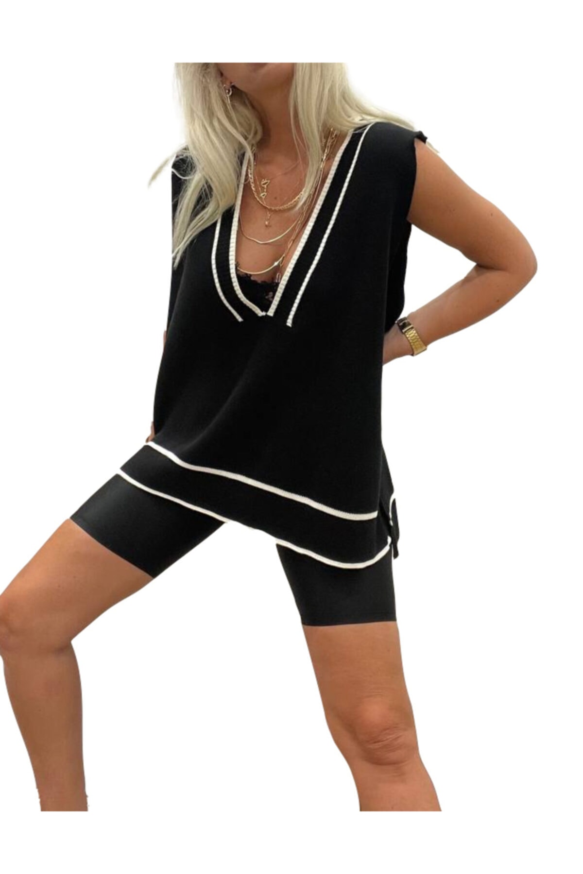 Elorosso Kadın V Yaka Çizgili Siyah Süveter