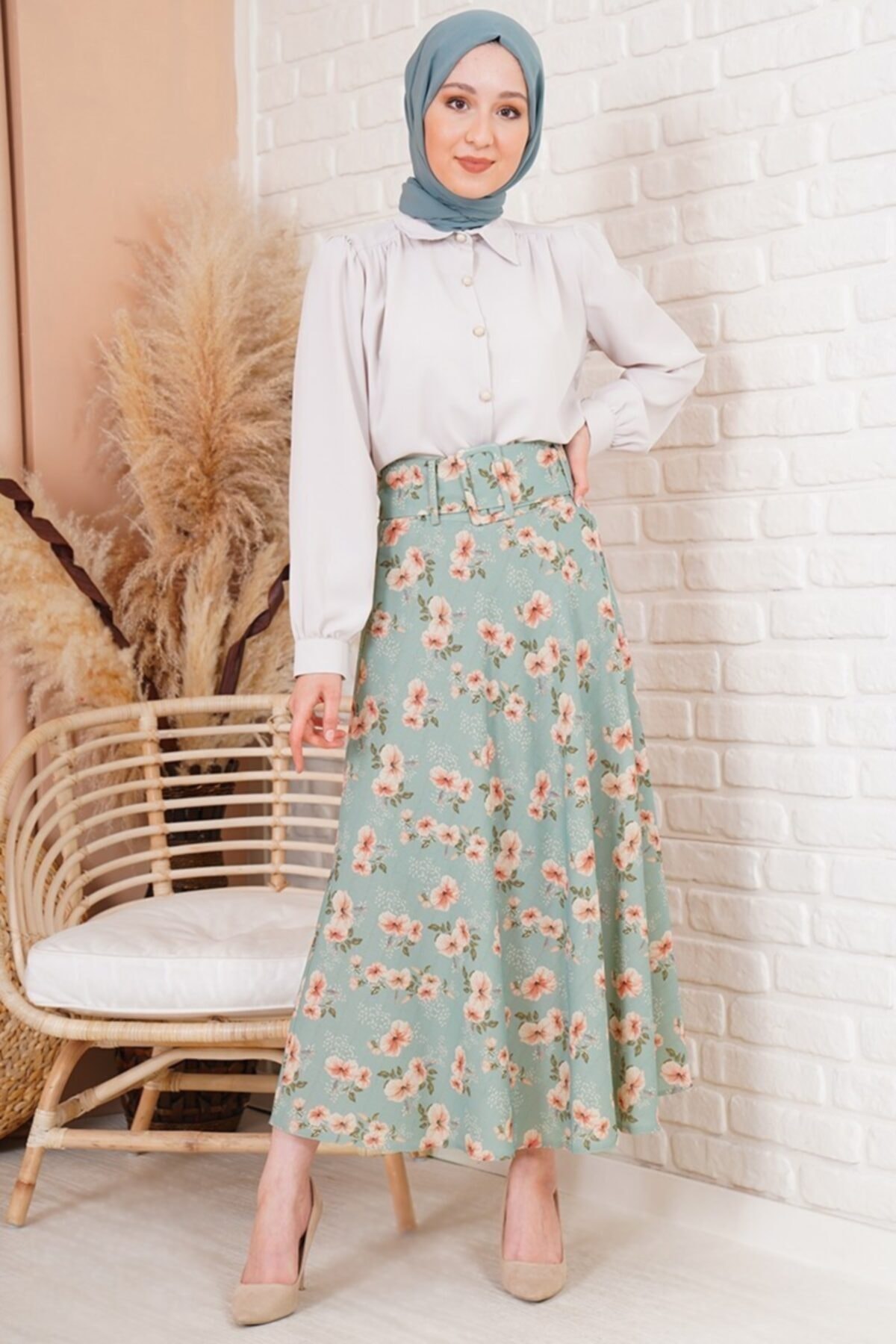 Afilva Kadın Çiçek Desenli Kloş Çağla Yeşili Etek