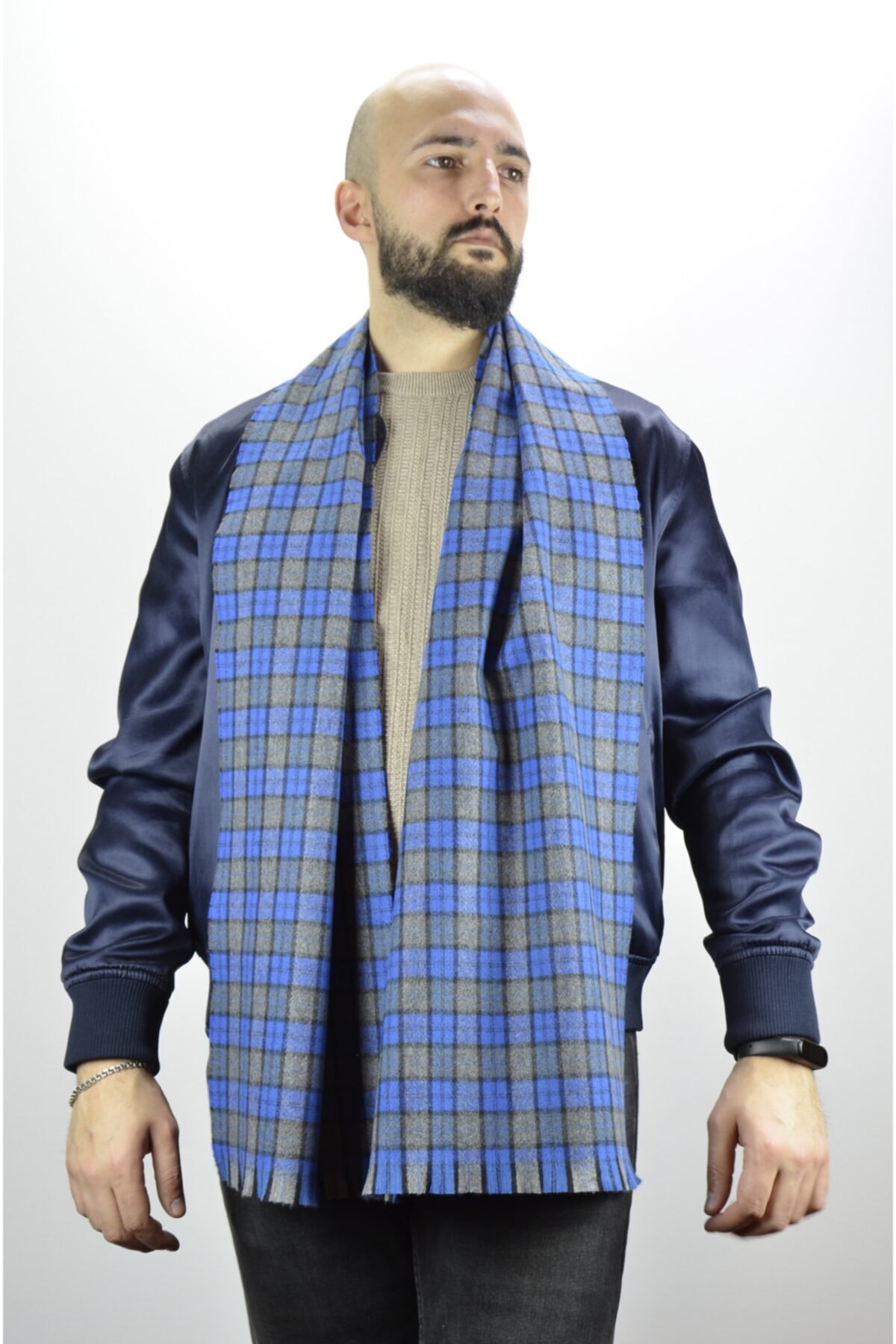 moda kaşkol Moda Kareli Kobalt Mavi - Gri Kaşmir Doku / Melanj Dokuma Atkı