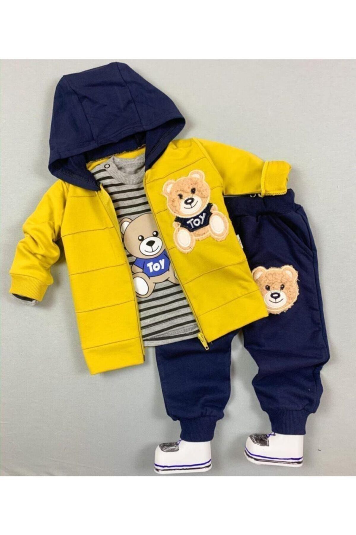 Beren Kids Ayıcık Desenli Kapşonlu 3'lü Bebek Alt Üst Takım