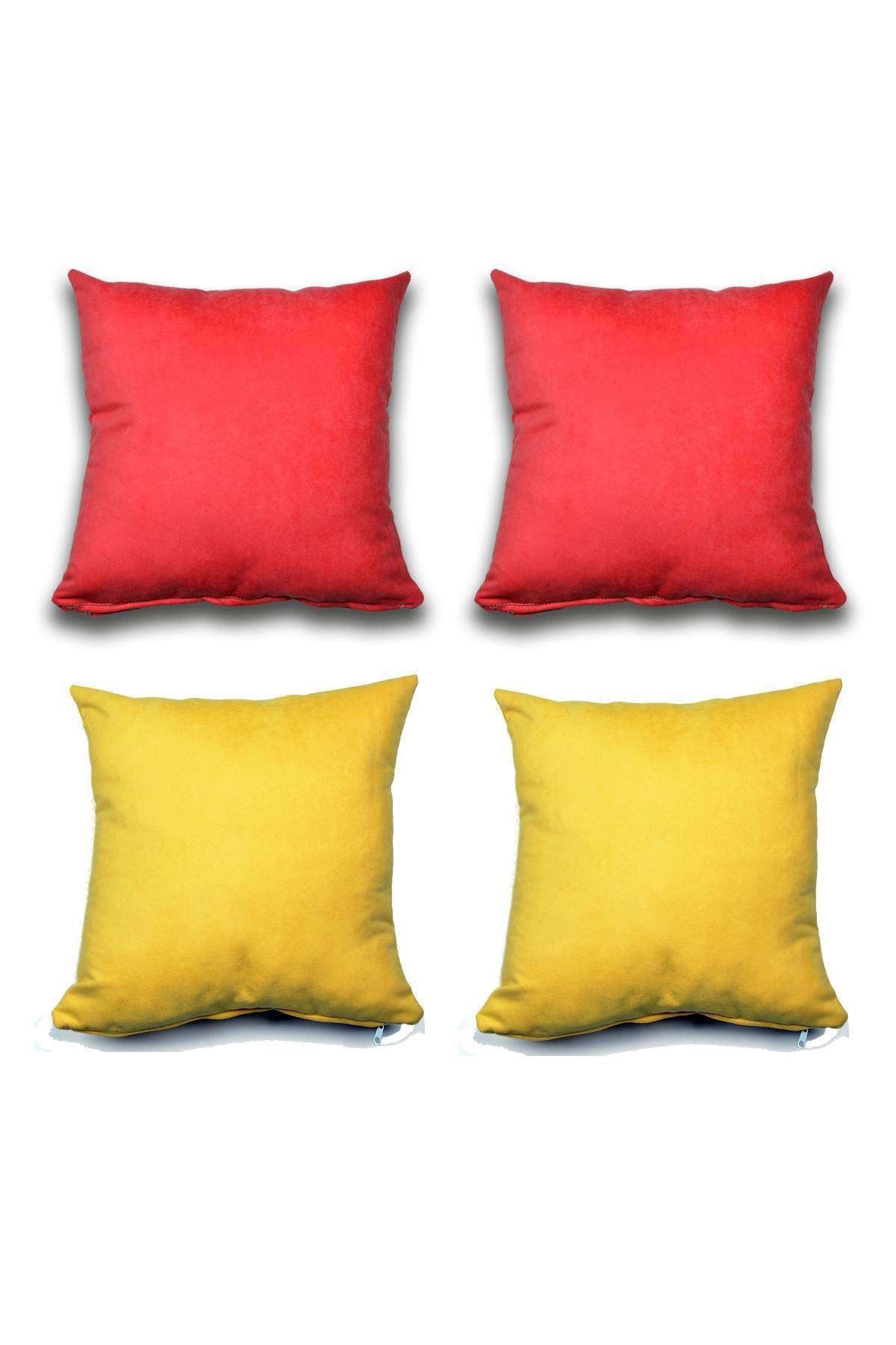 Royaleks 4 Adet Süet Kırlent Minder Kılıfı 40x40cm Açık Kırmızı Hardal Sarısı