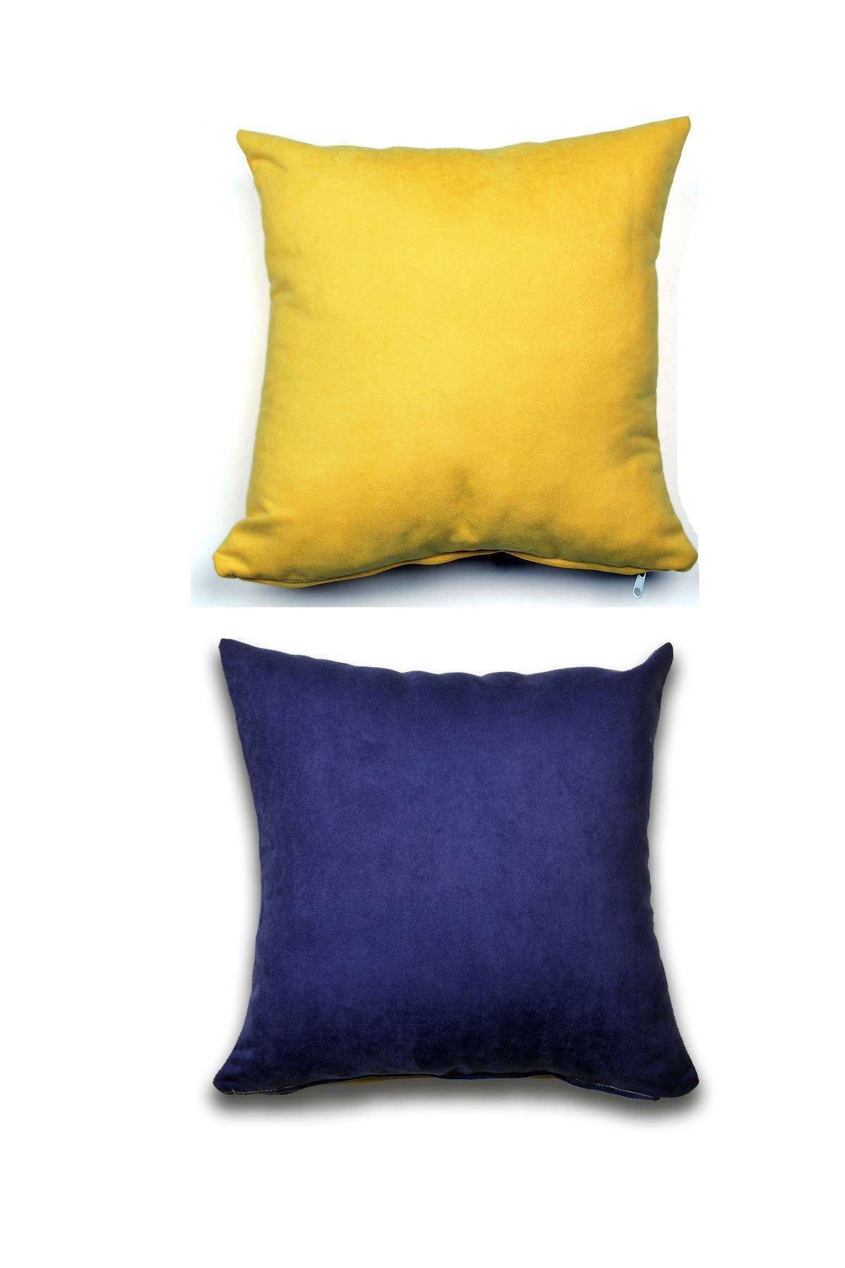 Royaleks 2 Adet Süet Kırlent Minder Kılıfı 40x40cm Hardal Sarısı Saks Mavisi