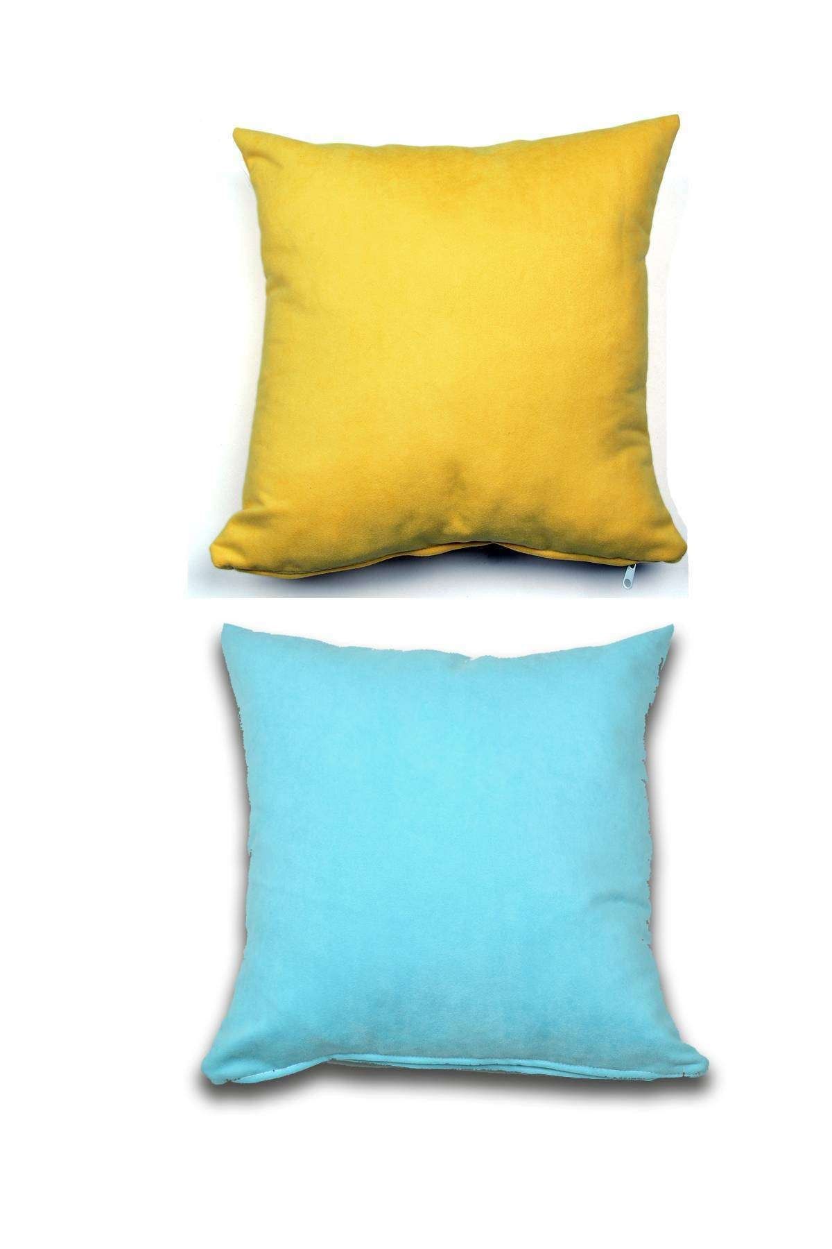 Royaleks 2 Adet Süet Kırlent Minder Kılıfı 40x40cm Hardal Sarısı Turkuaz