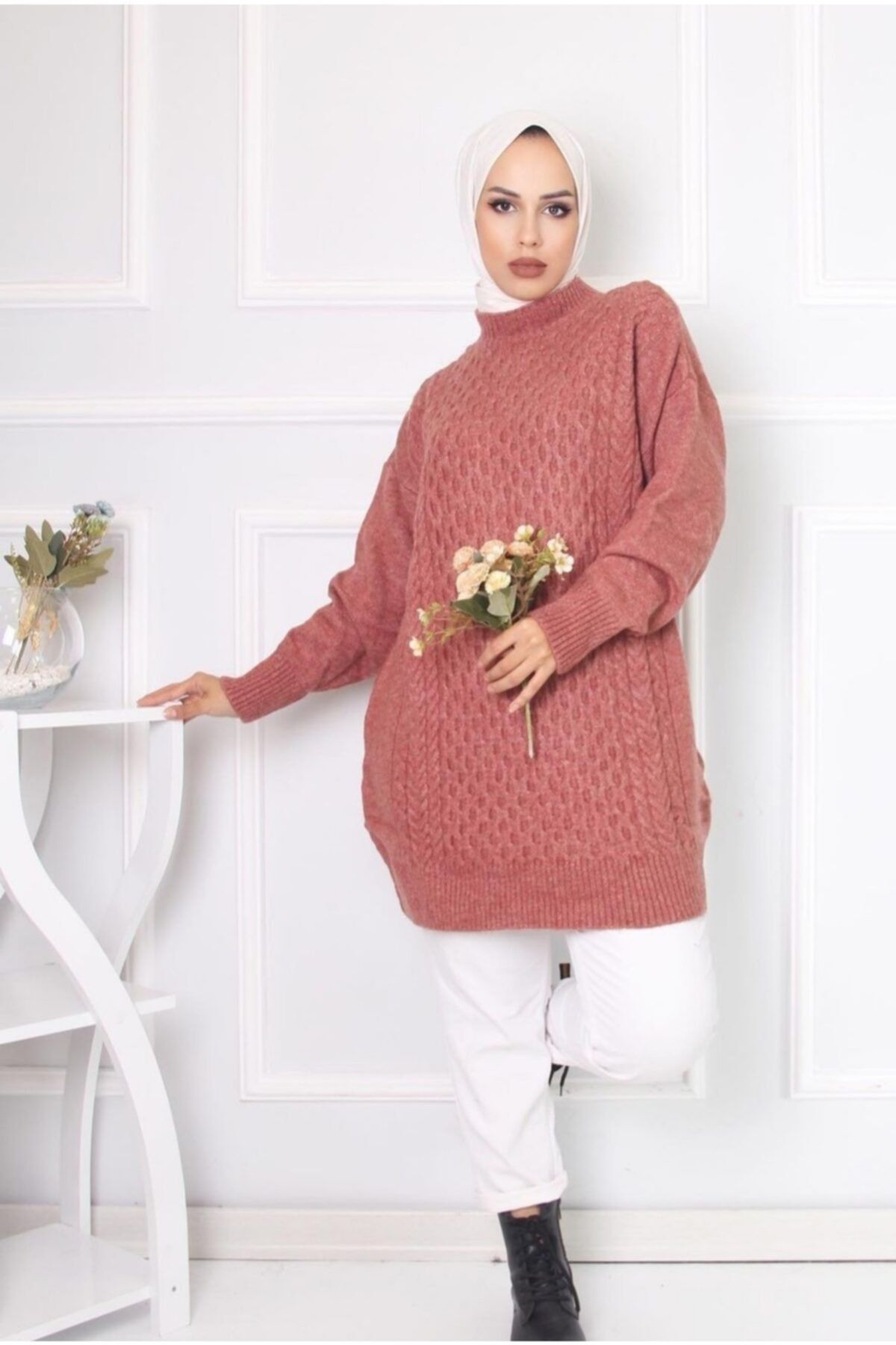 DERİNBOUTIQUE Kadın Kiremit Yumuşak Doku Bisiklet Yaka Tesettür Uzun Tunik Triko Elbise Kazak
