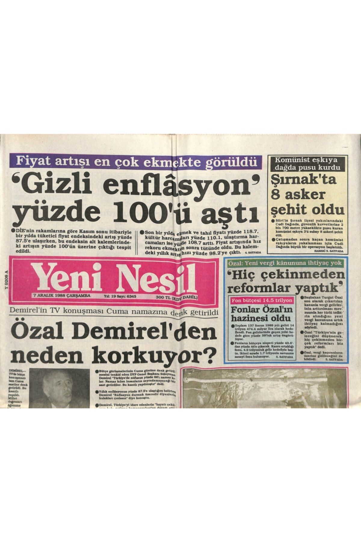 Gökçe Koleksiyon Yeni Nesil Gazetesi 7 Aralık 1988 - Tekel'den Yeni Sigara - Özal Demirel'den Neden Korkuyor