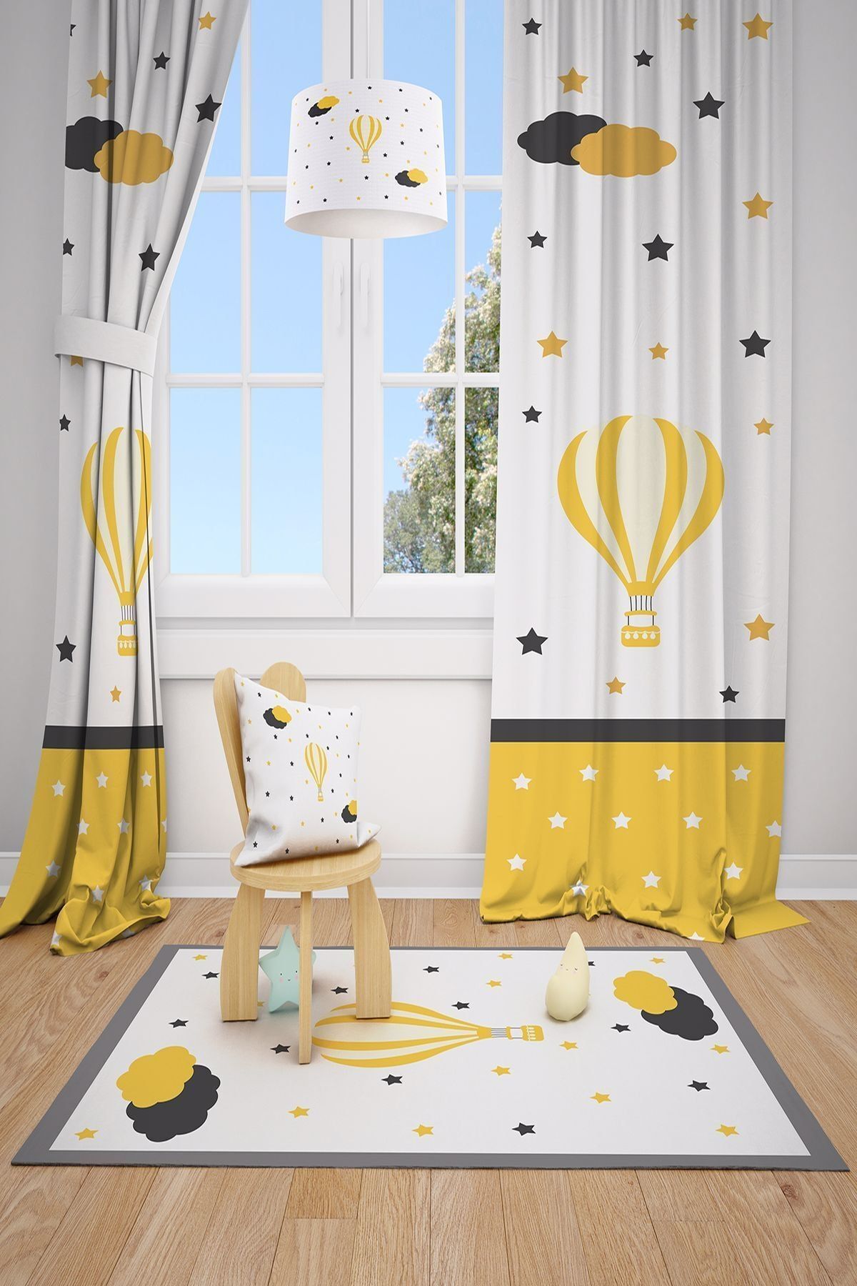 MEKTA HOME Gri Uçan Balon Çocuk Ve Bebek Odası Fon Perdesi 2 Kanat Mkt-128