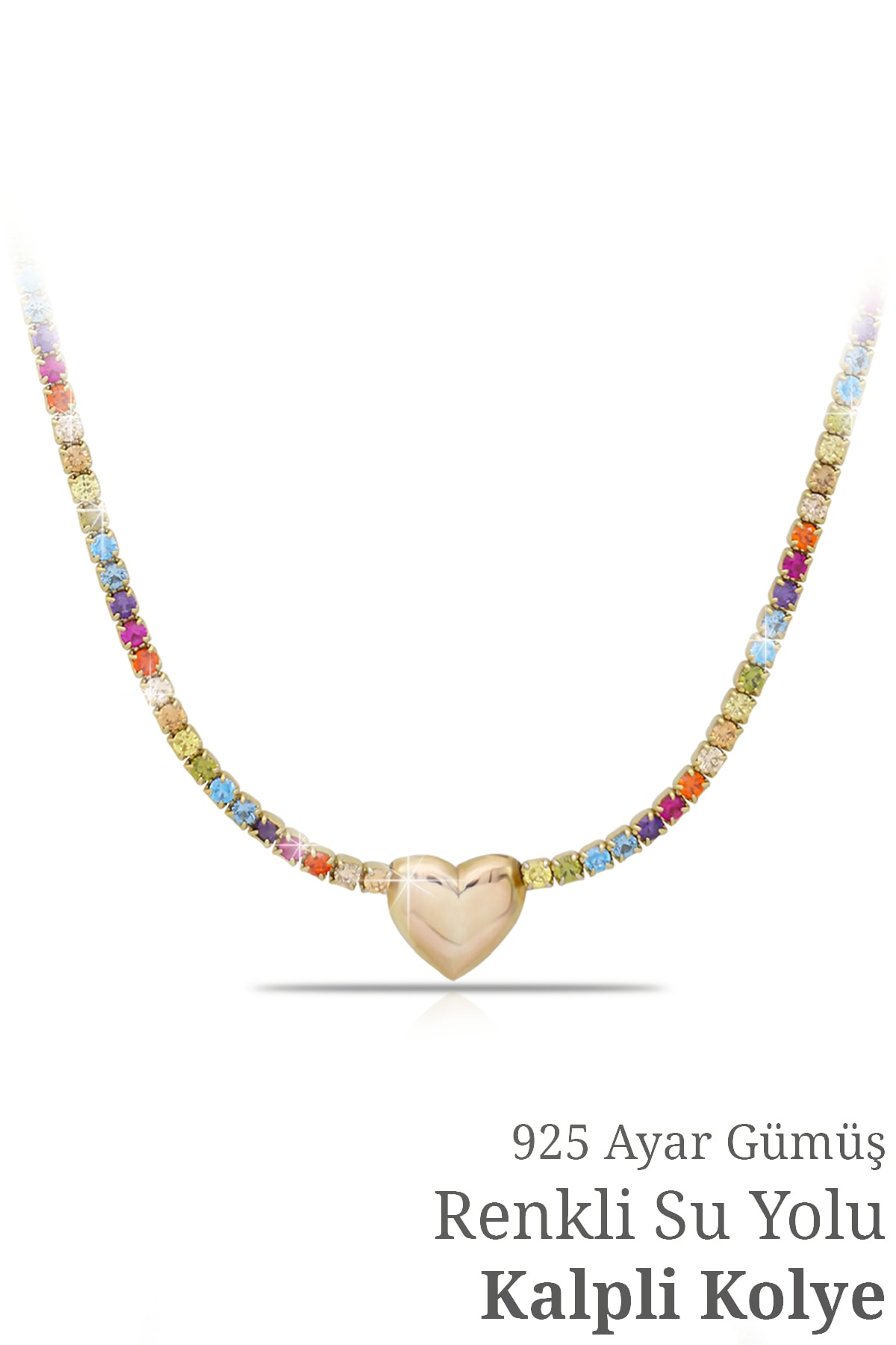 ALDENİS Renkli Su Yolu Kalp Kolye 30cm + 5cm Ayarlanabilir Gold Rengi