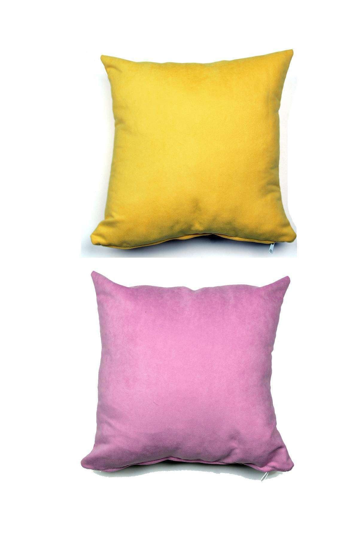 Royaleks 2 Adet Süet Kırlent Minder Kılıfı 40x40 cm Hardal Sarısı Lila