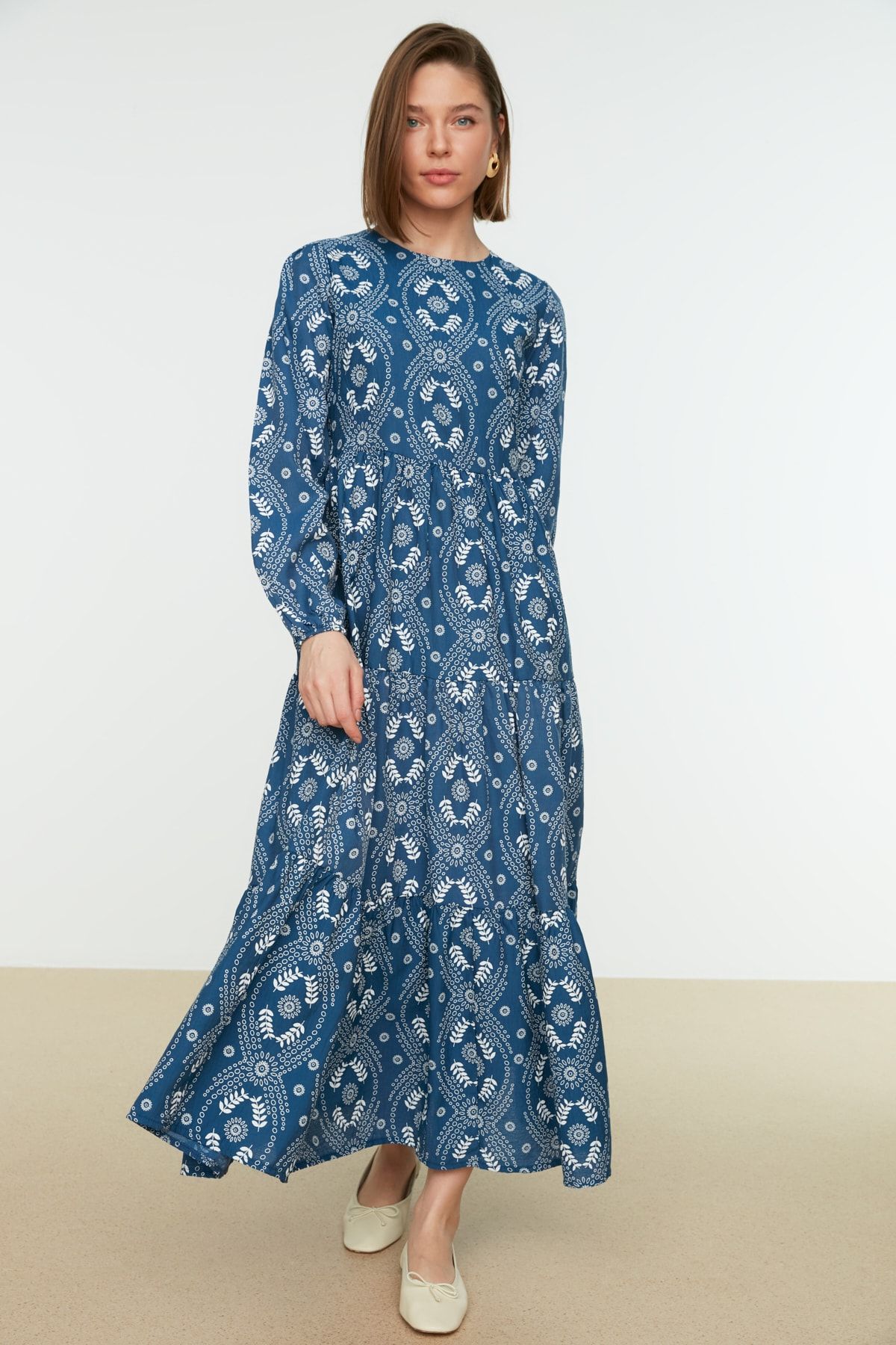 Trendyol Modest Saks Bisiklet Yaka Tesettür Elbise TCTSS21EL3661