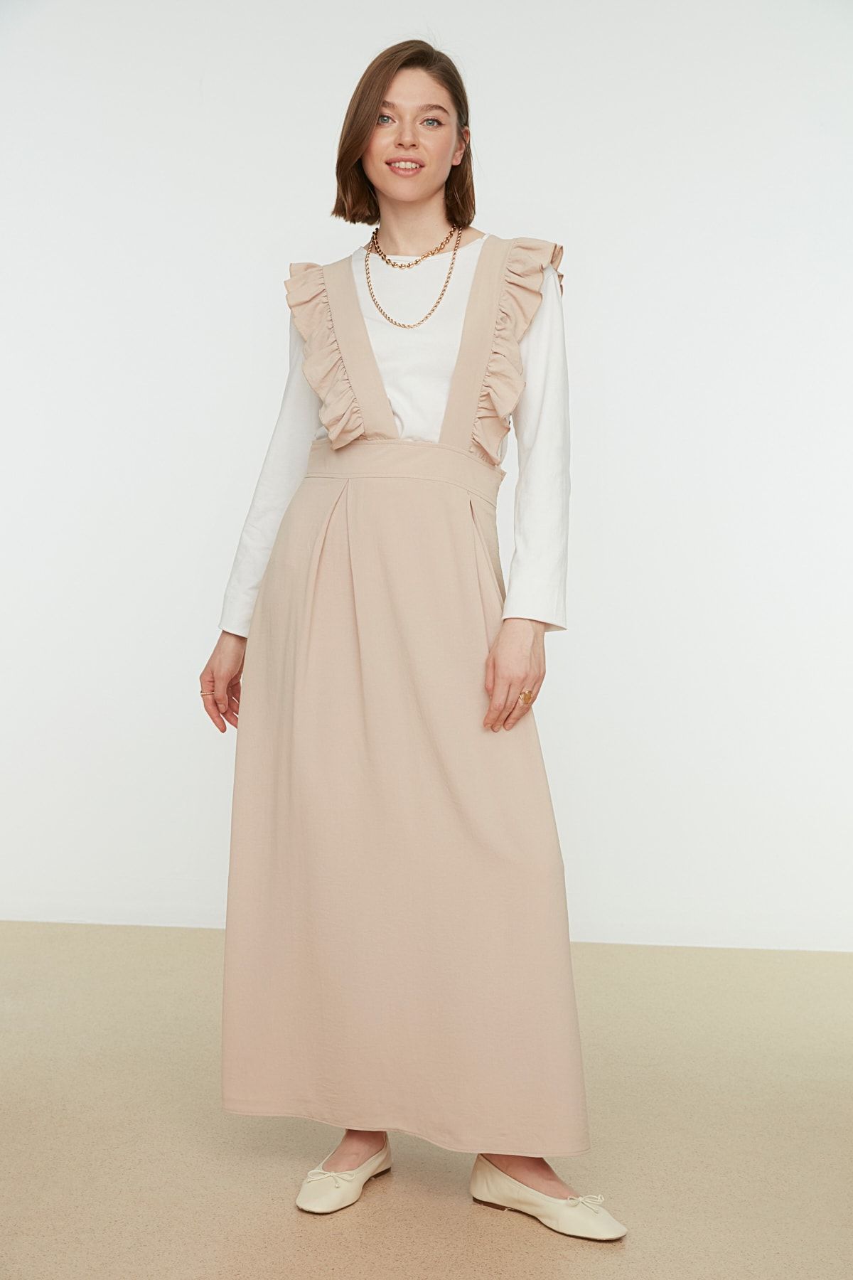 Trendyol Modest Bej Askılı Tesettür Elbise TCTSS21EL3139